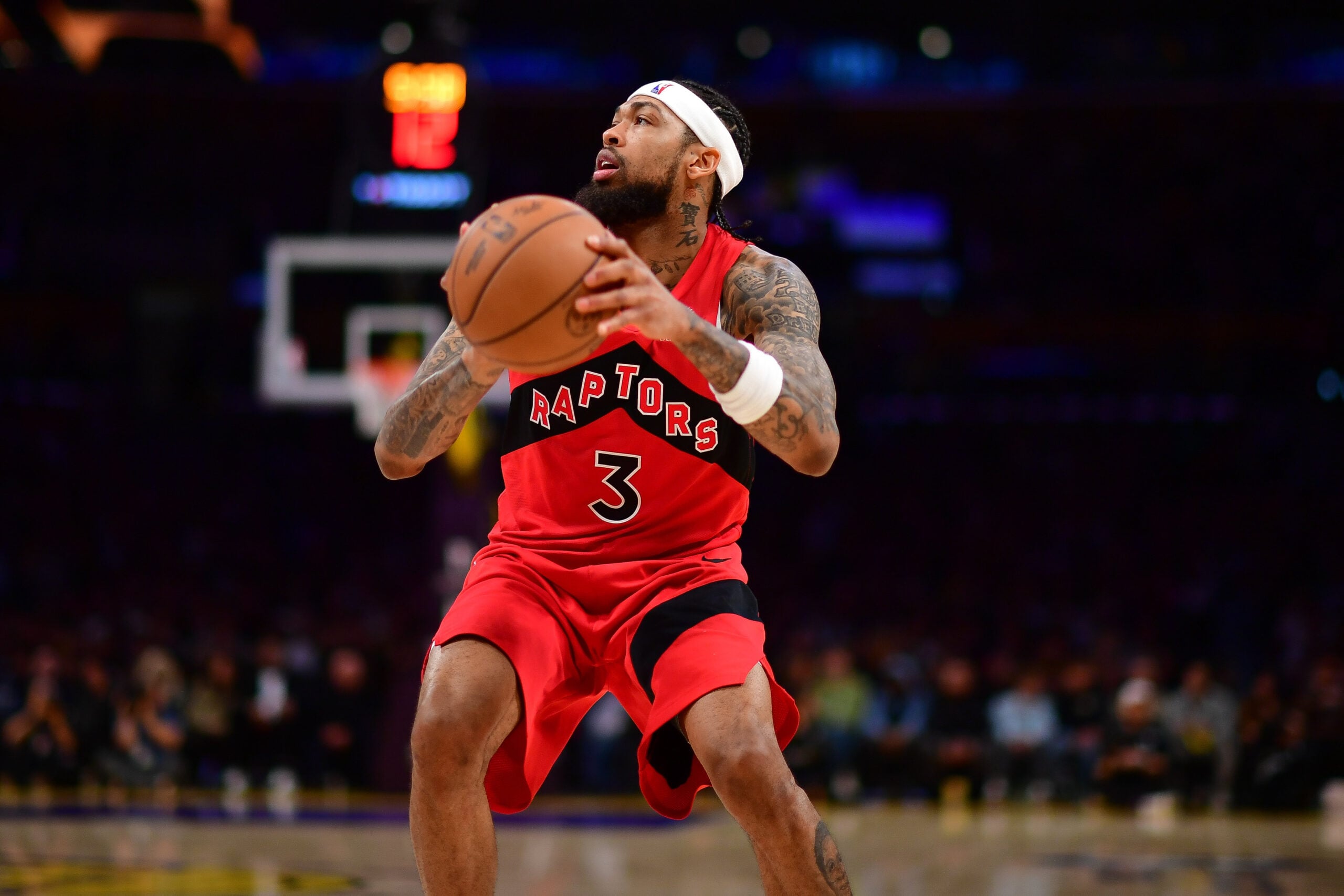 Jan 18, 2026; Los Angeles, California, USA; Toronto Raptors forward Brandon Ingram (3) shoots against the Los Angeles Lakers during the second half at Crypto.com Arena. Mandatory Credit: Gary A. Vasquez-Imagn Images