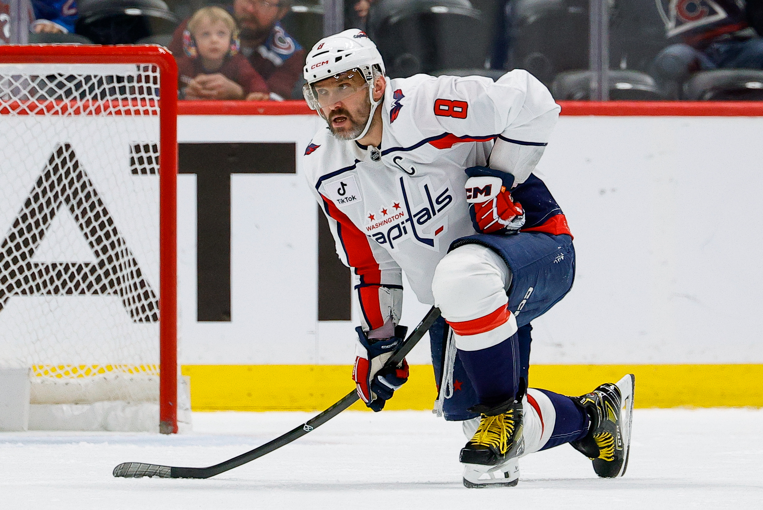 Jan 19, 2026; Denver, Colorado, USA; Washington Capitals left wing Alex Ovechkin (8) in the second period against the Colorado Avalanche at Ball Arena. Mandatory Credit: Isaiah J. Downing-Imagn Images