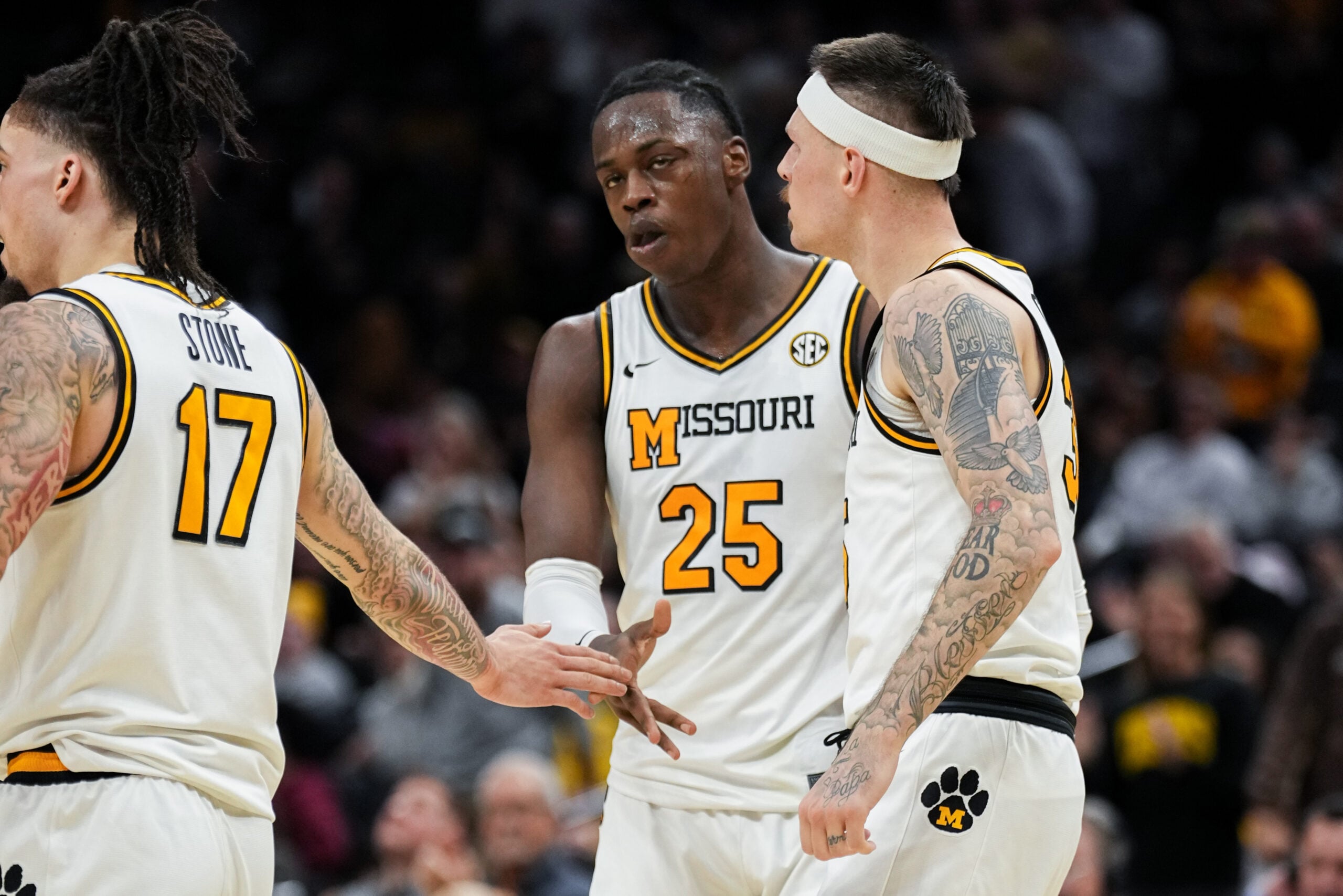 Jan 20, 2026; Columbia, Missouri, USA; Missouri Tigers guard Mark Mitchell (25) celebrates with guard Jayden Stone (17) and guard Jacob Crews (35) after scoring against the Georgia Bulldogs during the first half of the game at Mizzou Arena. Mandatory Credit: Denny Medley-Imagn Images