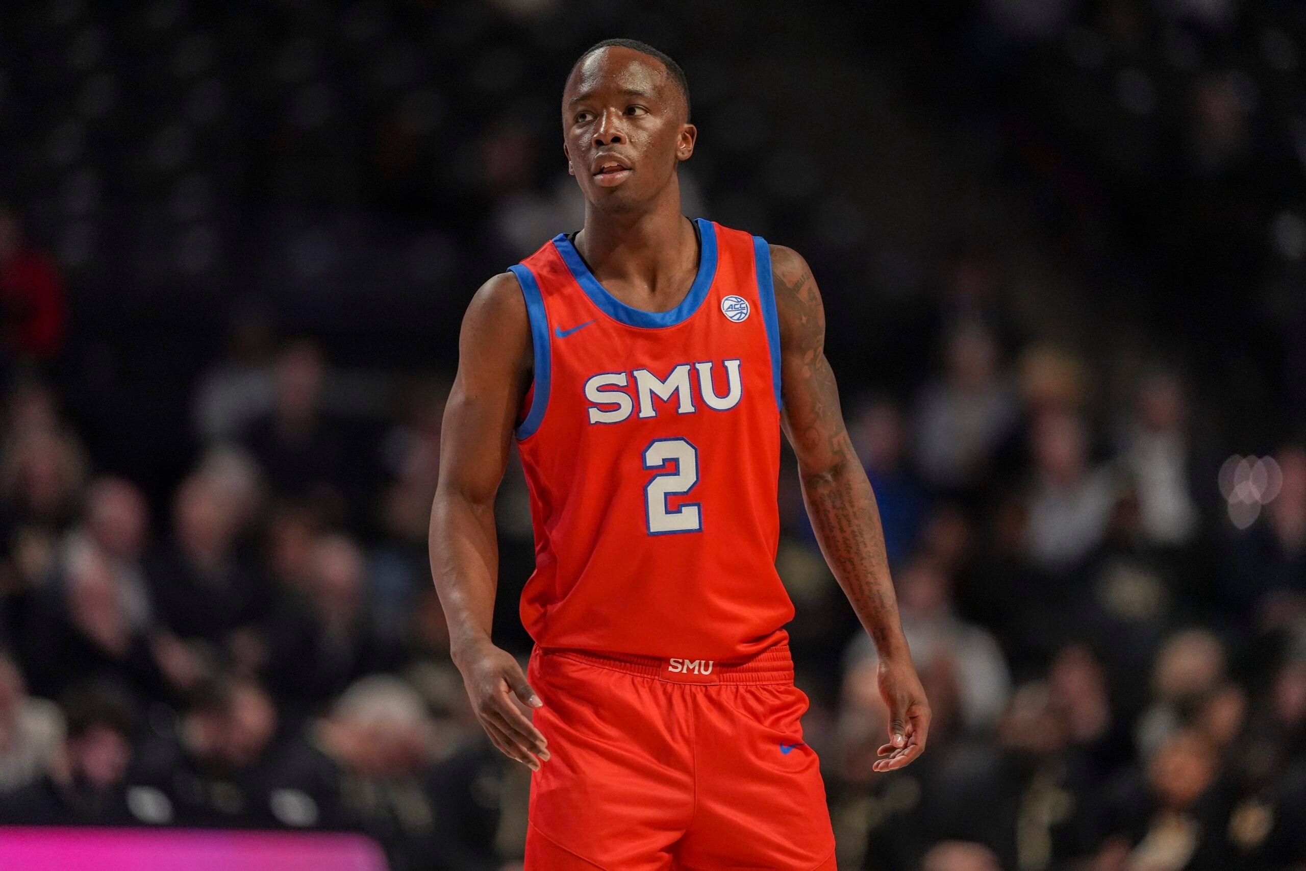 Jan 20, 2026; Winston-Salem, North Carolina, USA; Southern Methodist University Mustangs guard Boopie Miller (2) watches a free throw attempt  during the first half against the Wake Forest Demon Deacons at Lawrence Joel Veterans Memorial Coliseum. Mandatory Credit: Jim Dedmon-Imagn Images
