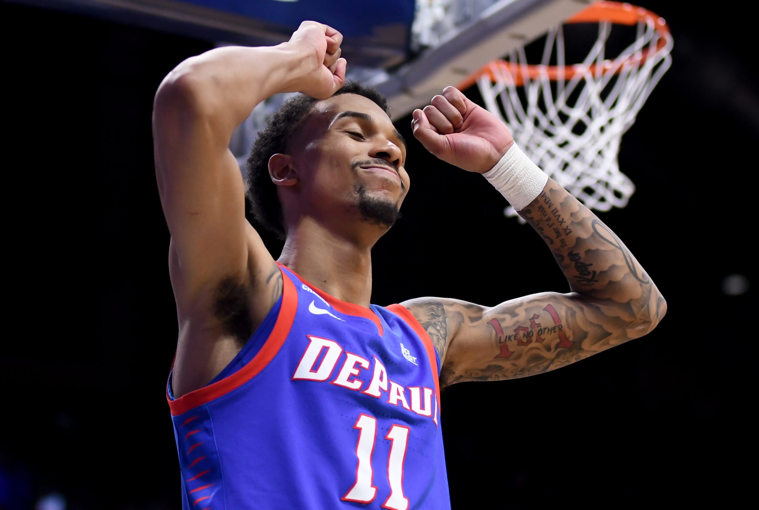 Jan 20, 2026; Indianapolis, Indiana, USA; DePaul Blue Demons guard CJ Gunn (11) reacts after a play against the Butler Bulldogs during the second half at Hinkle Fieldhouse. Mandatory Credit: Robert Goddin-Imagn Images