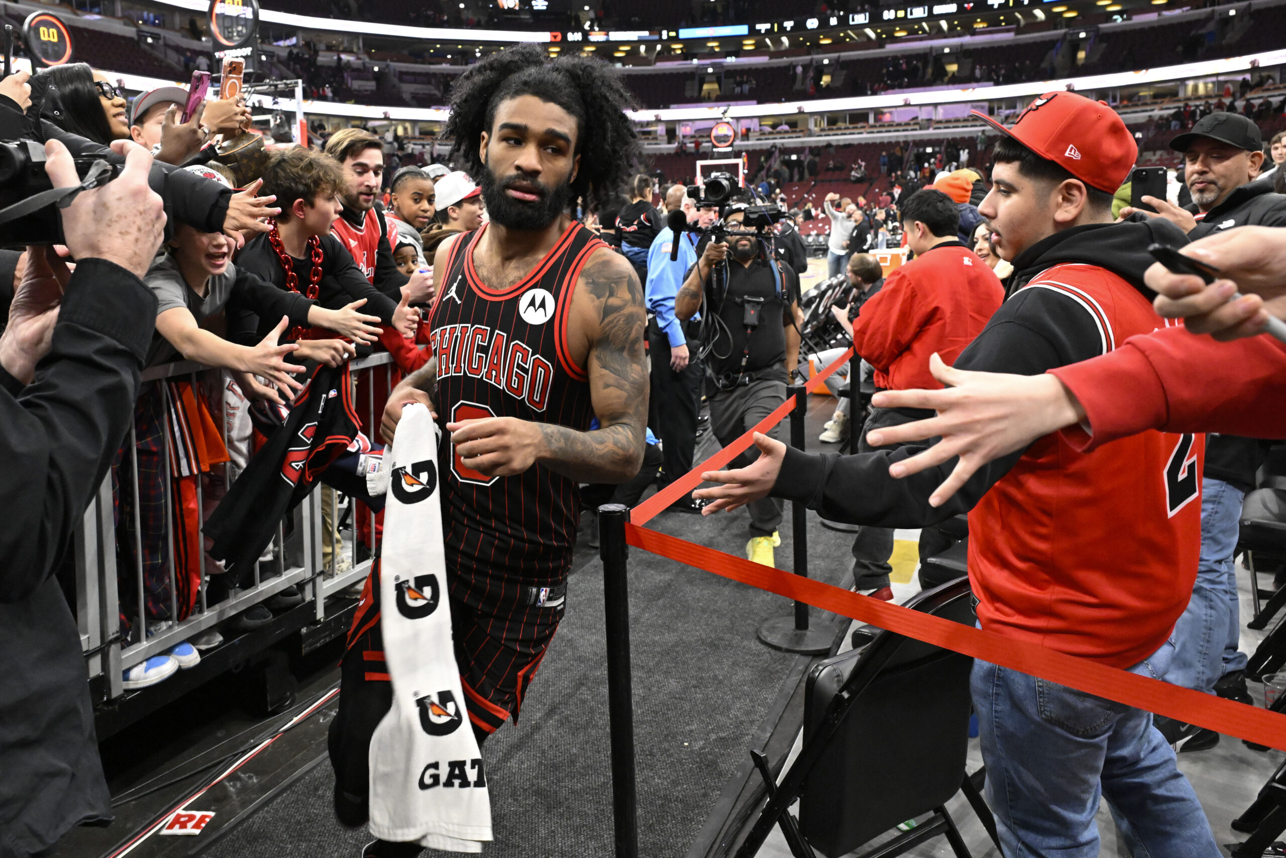 Jan 20, 2026; Chicago, Illinois, USA; Chicago Bulls guard Coby White (0) leaves the court after the game against the LA Clippers at United Center. Mandatory Credit: Matt Marton-Imagn Images