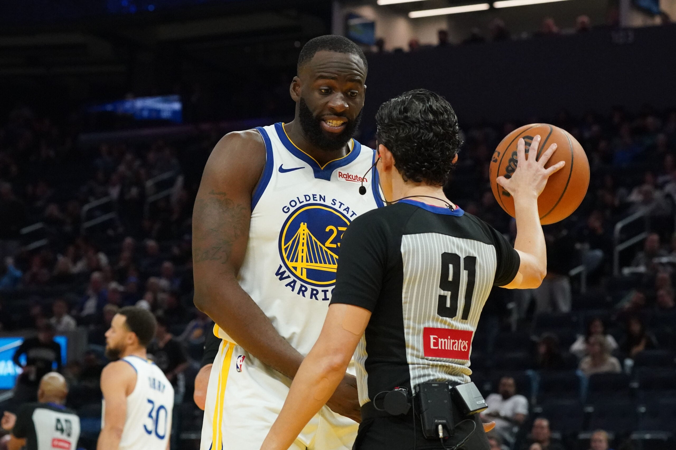 Jan 20, 2026; San Francisco, California, USA; Golden State Warriors forward Draymond Green (23) complains to the referee during a game against the Toronto Raptors in the third quarter at Chase Center. Mandatory Credit: David Gonzales-Imagn Images