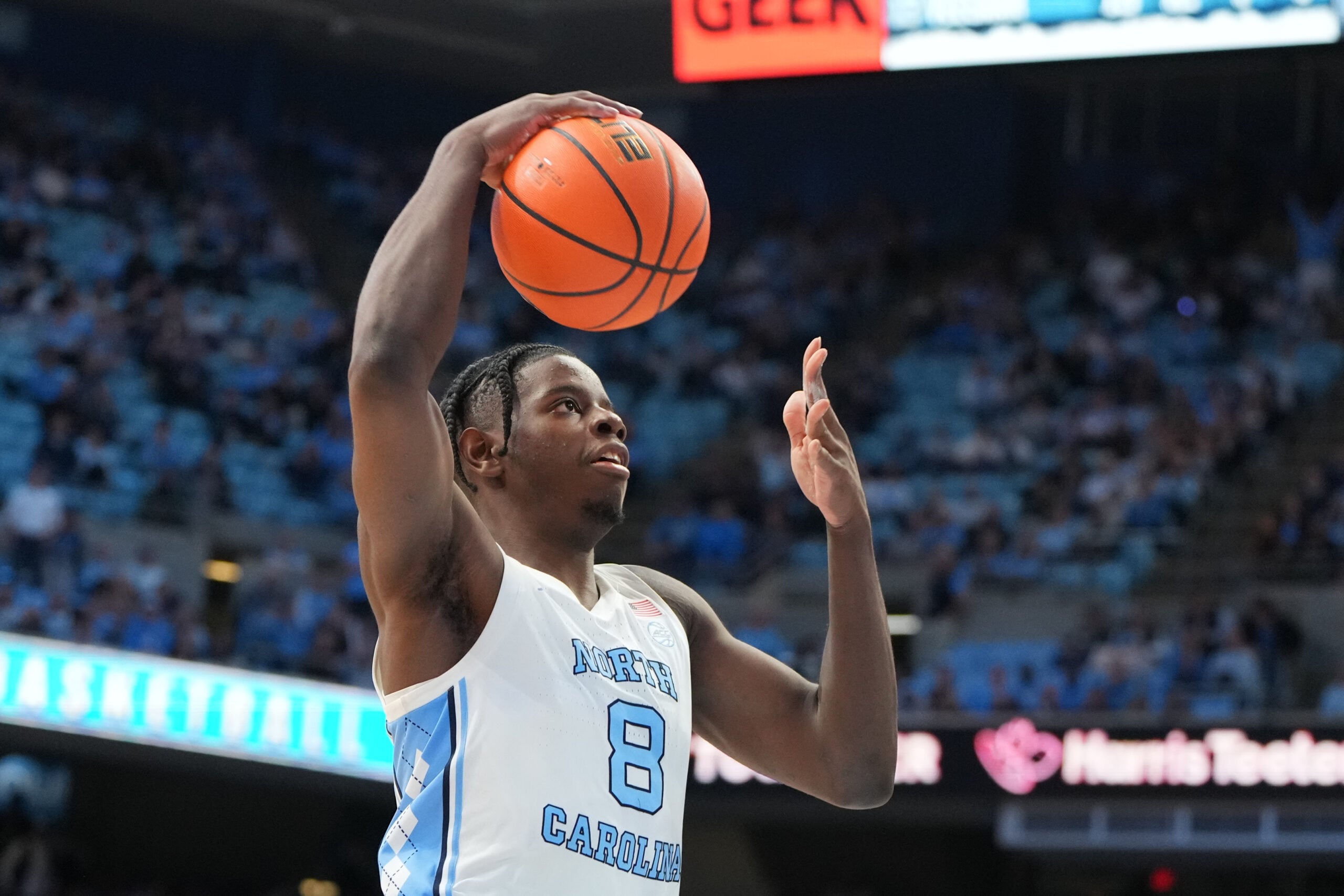 Jan 21, 2026; Chapel Hill, North Carolina, USA; North Carolina Tar Heels forward Caleb Wilson (8) with the ball in the second half at Dean E. Smith Center. Mandatory Credit: Bob Donnan-Imagn Images