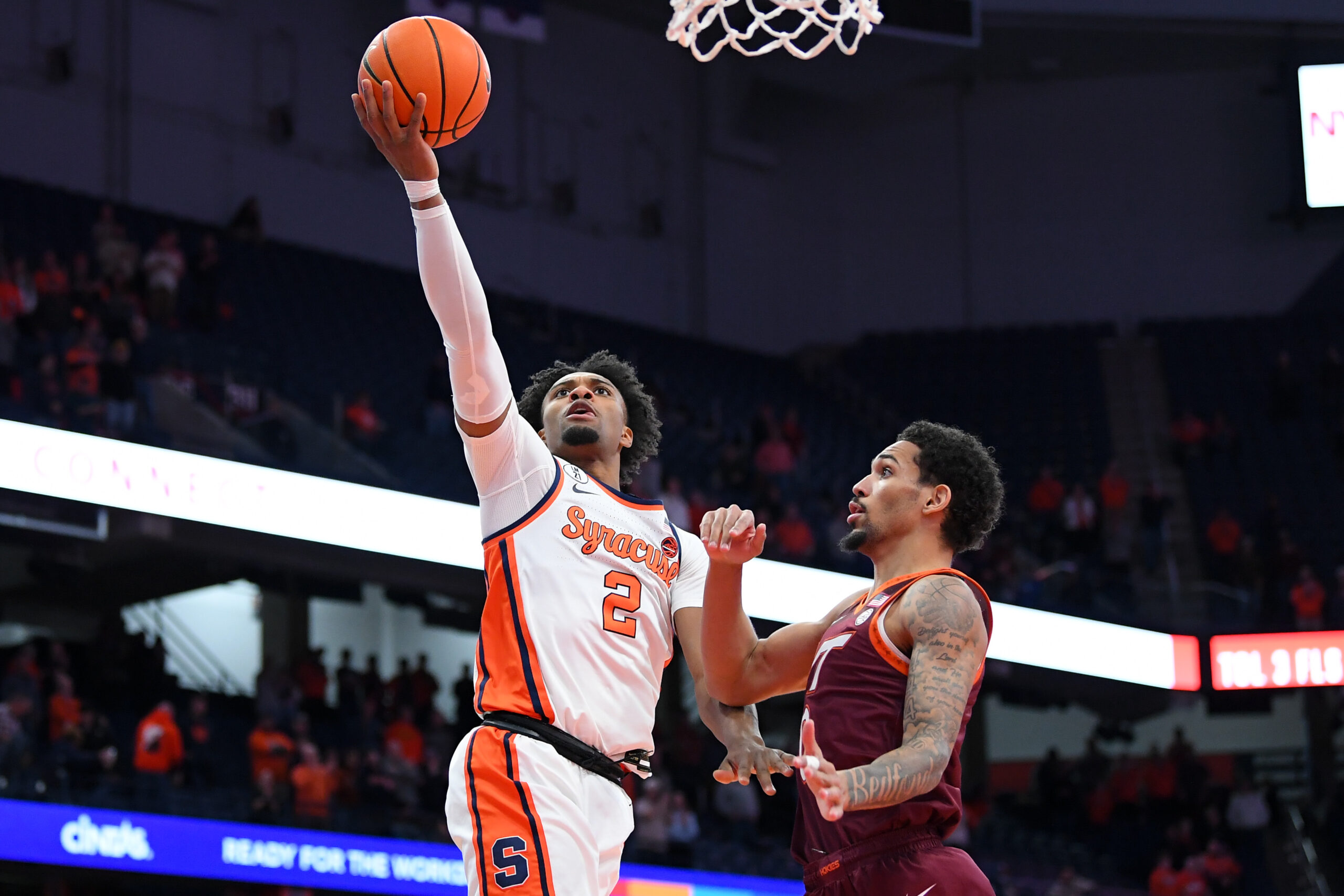 Jan 21, 2026; Syracuse, New York, USA; Syracuse Orange guard J.J. Starling (2) shoots against Virginia Tech Hokies guard Jailen Bedford (0) during the second half at the JMA Wireless Dome. Mandatory Credit: Rich Barnes-Imagn Images