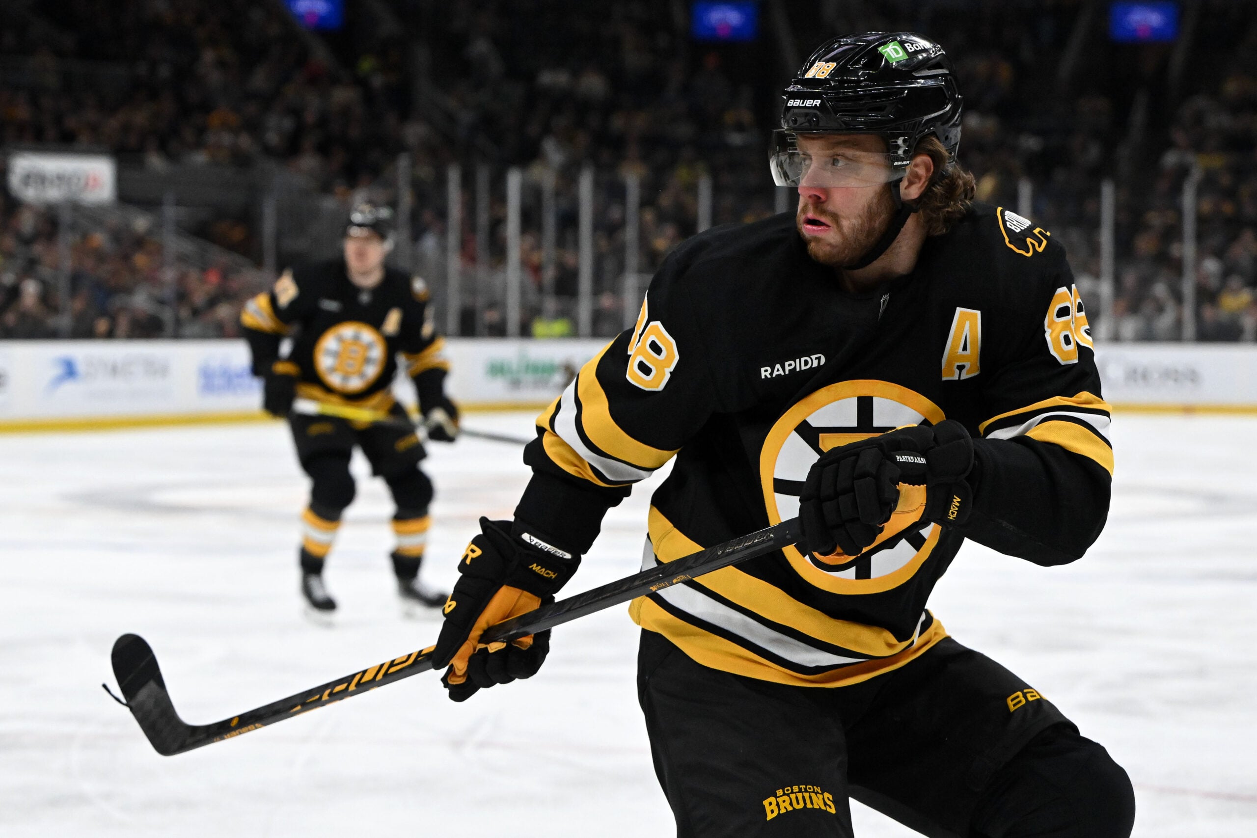 Jan 22, 2026; Boston, Massachusetts, USA; Boston Bruins right wing David Pastrnak (88) skates against the Vegas Golden Knights during the first period at the TD Garden. Mandatory Credit: Brian Fluharty-Imagn Images