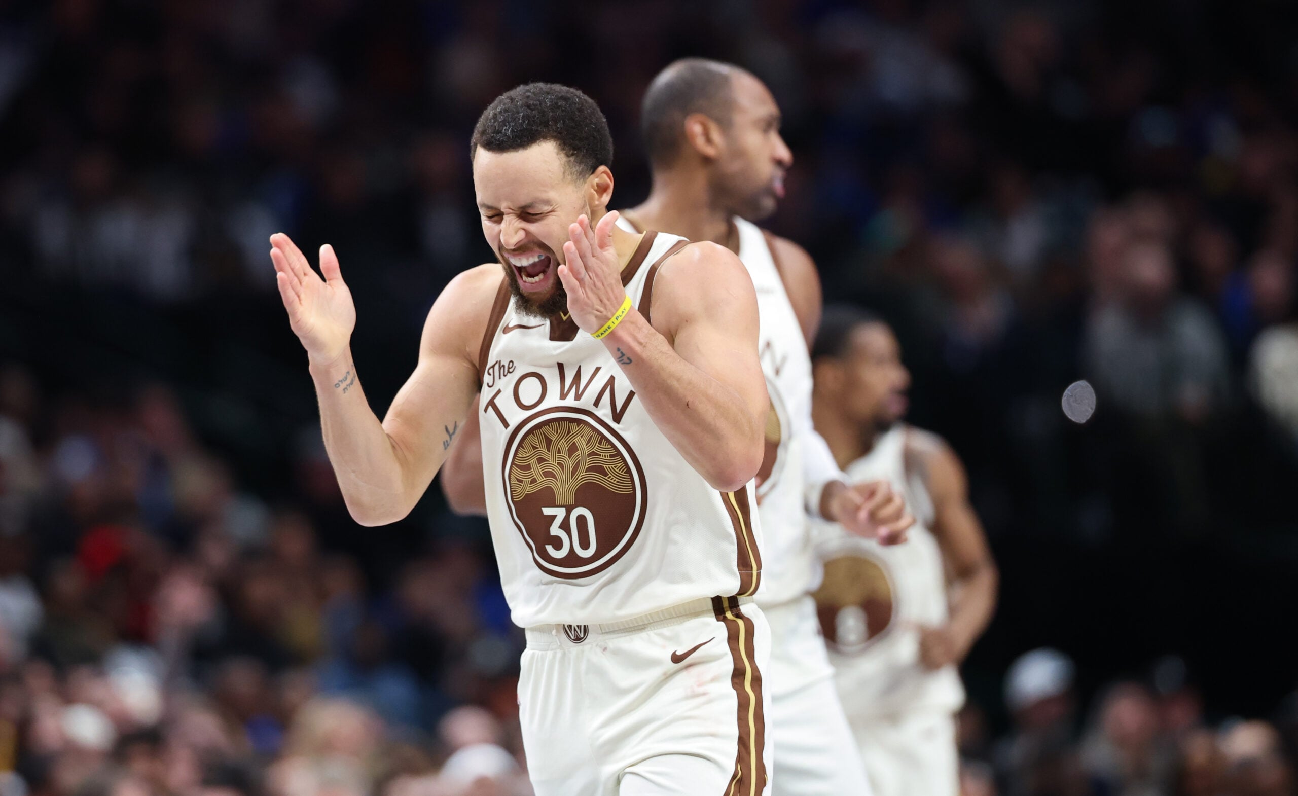 Jan 22, 2026; Dallas, Texas, USA; Golden State Warriors guard Stephen Curry (30) reacts during the second half against the Golden State Warriors at American Airlines Center. Mandatory Credit: Kevin Jairaj-Imagn Images