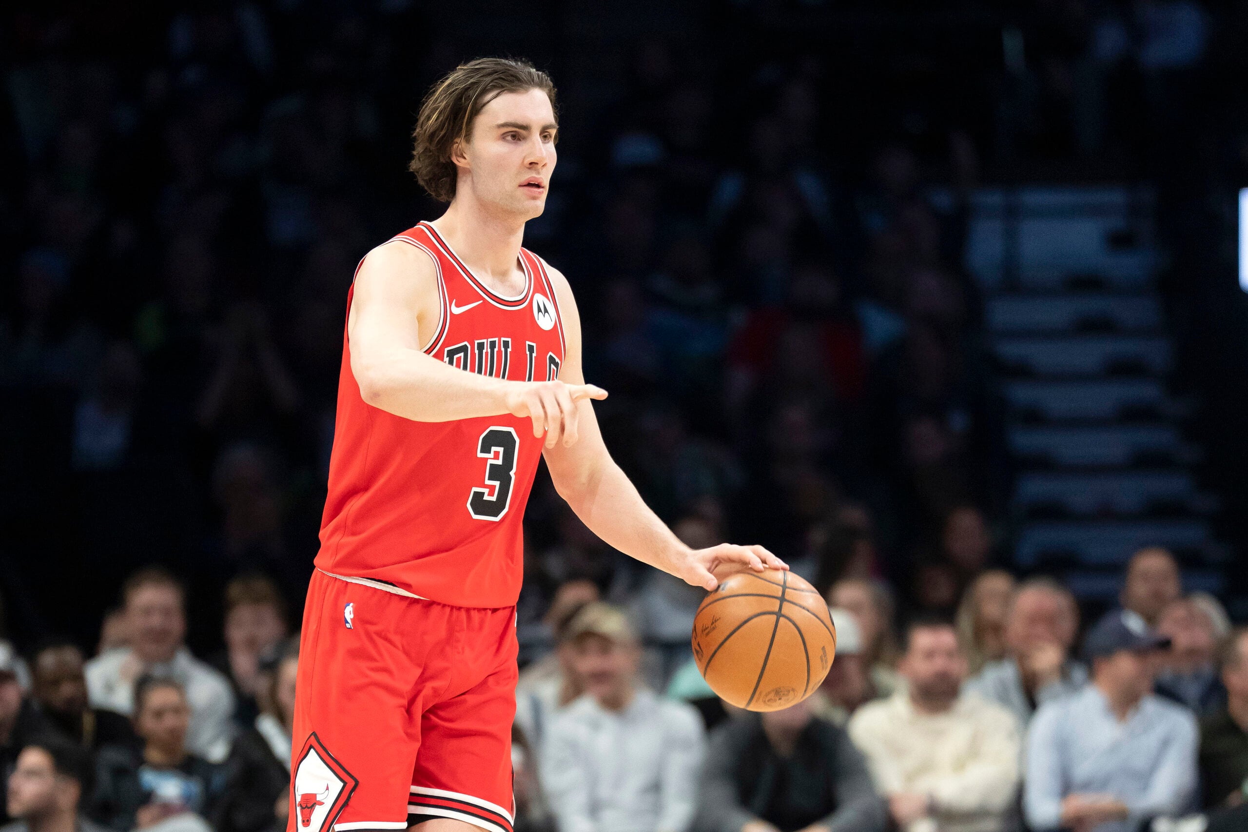 Jan 22, 2026; Minneapolis, Minnesota, USA; Chicago Bulls guard Josh Giddey (3) dribbles the ball against the Minnesota Timberwolves in the second half at Target Center. Mandatory Credit: Jesse Johnson-Imagn Images