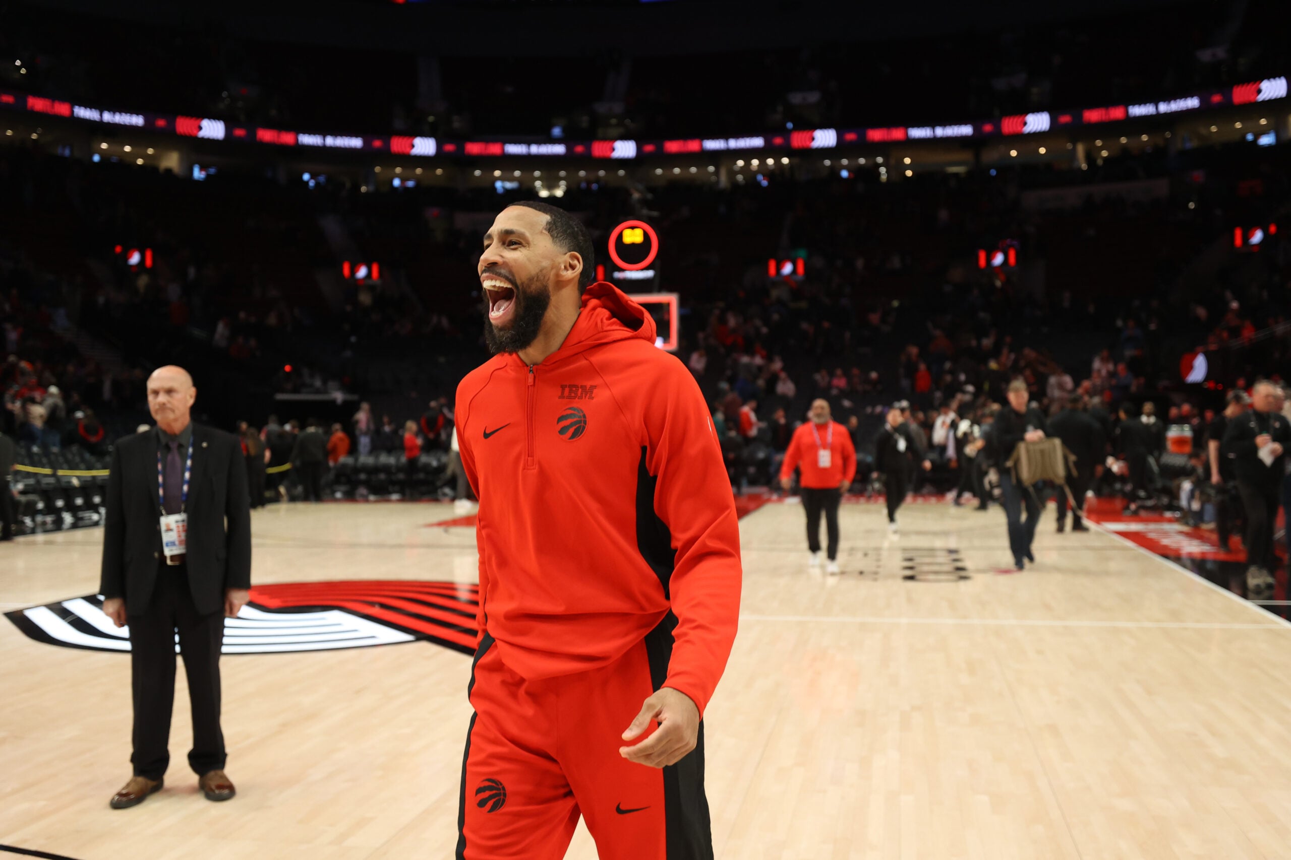 Jan 23, 2026; Portland, Oregon, USA; Toronto Raptors guard/forward Garrett Temple (17) celebrates after the Raptors defeated the Portland Trail Blazers 110-98 at Moda Center. Mandatory Credit: Jaime Valdez-Imagn Images