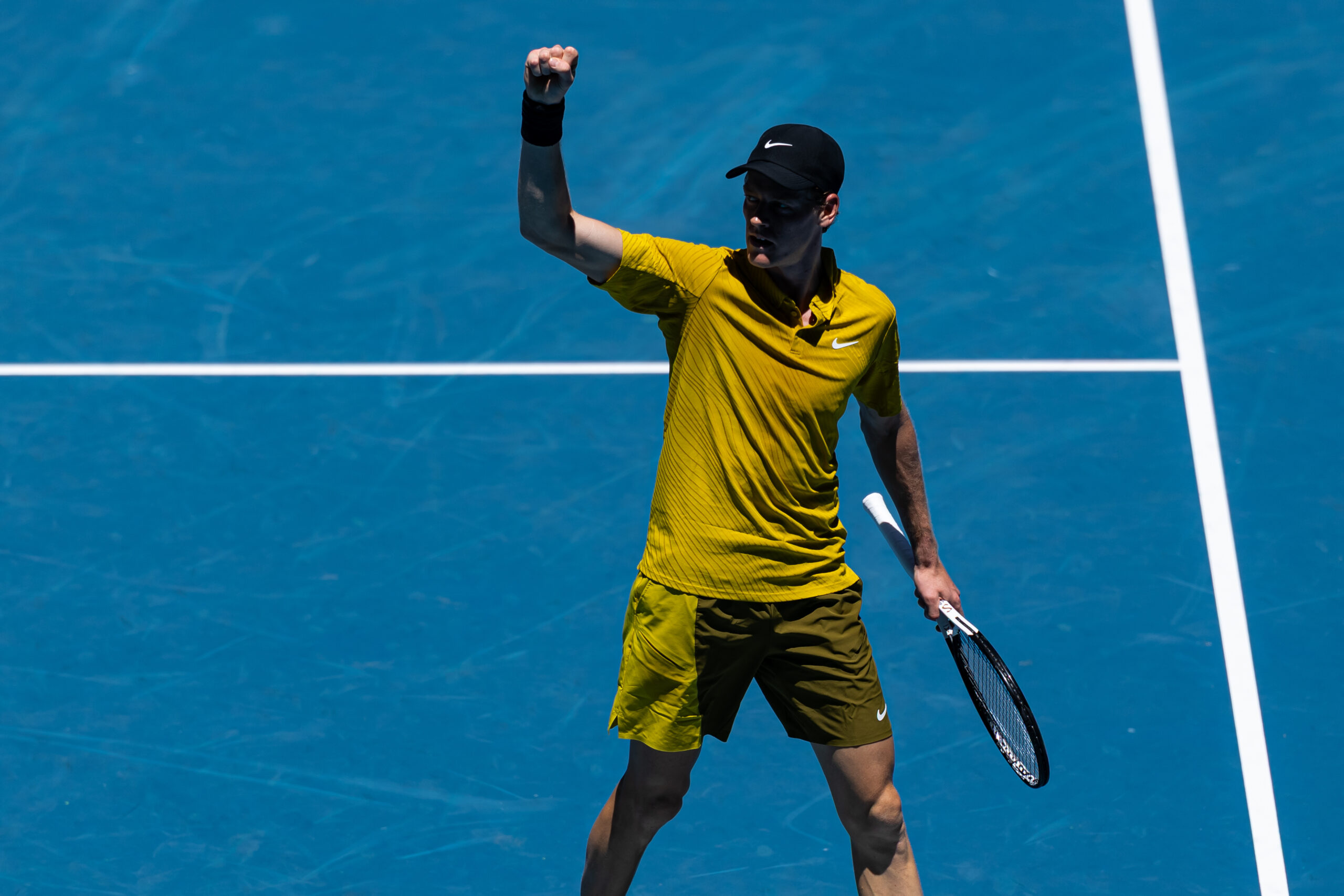Jan 24, 2026; Melbourne, Victoria, Australia; Jannik Sinner of Italy in action against Eliot Spizzirri of United States in the third round of the menís singles at the Australian Open at Rod Laver Arena in Melbourne Park. Mandatory Credit: Mike Frey-Imagn Images