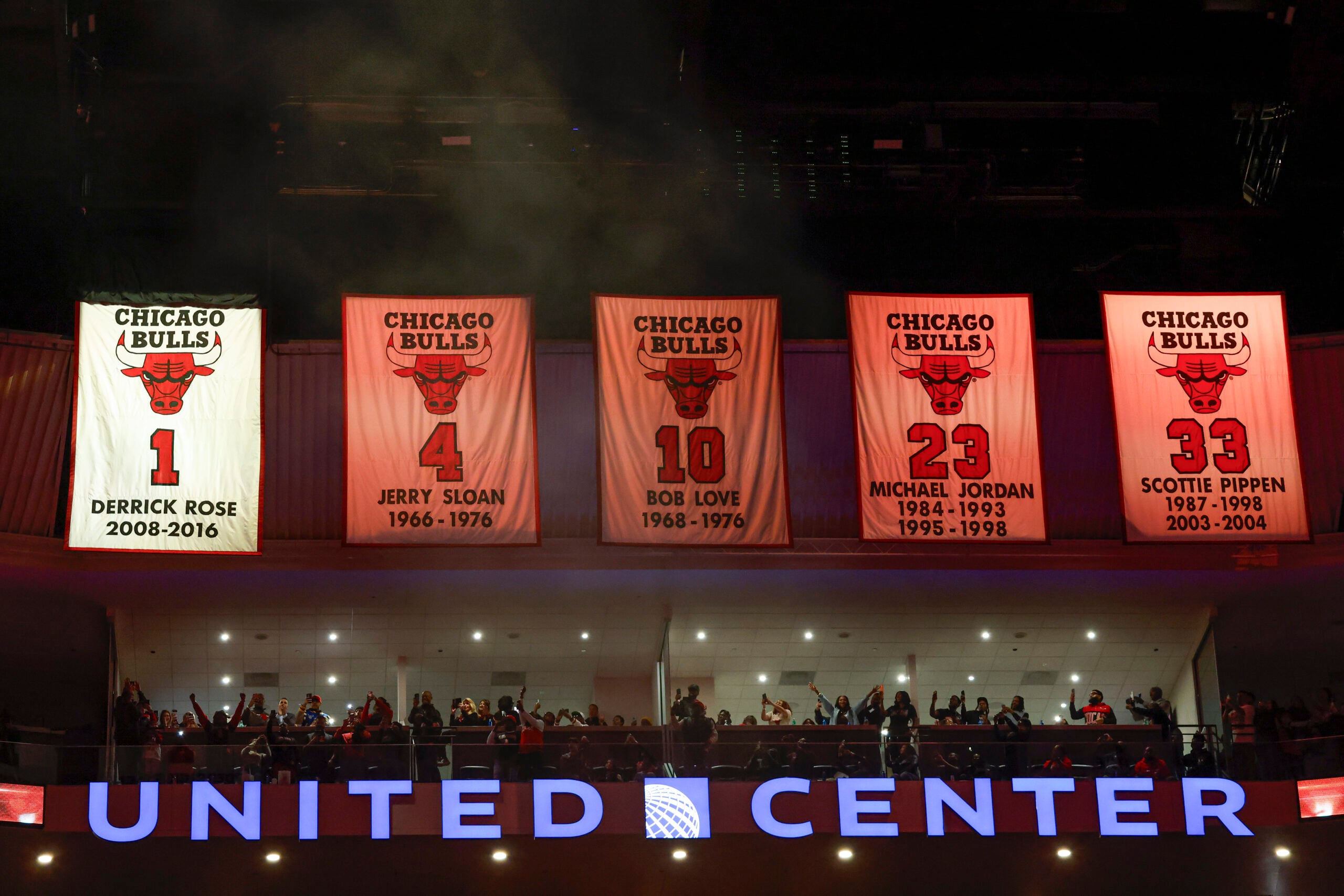 Jan 24, 2026; Chicago, Illinois, USA; The jersey of former Chicago Bulls player Derrick Rose is unveiled during his retirement ceremony at United Center. Mandatory Credit: Kamil Krzaczynski-Imagn Images