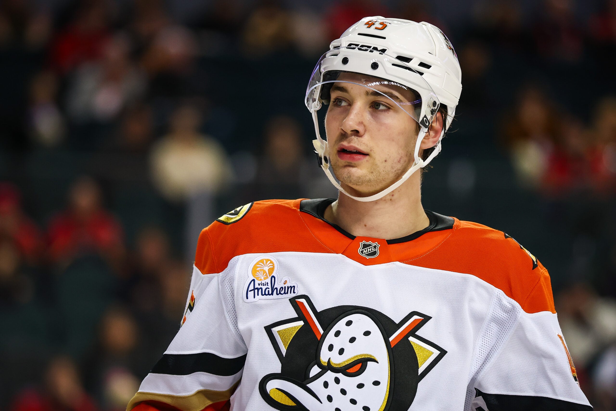 Jan 25, 2026; Calgary, Alberta, CAN; Anaheim Ducks right wing Beckett Sennecke (45) against the Calgary Flames during the third period at Scotiabank Saddledome. Mandatory Credit: Sergei Belski-Imagn Images
