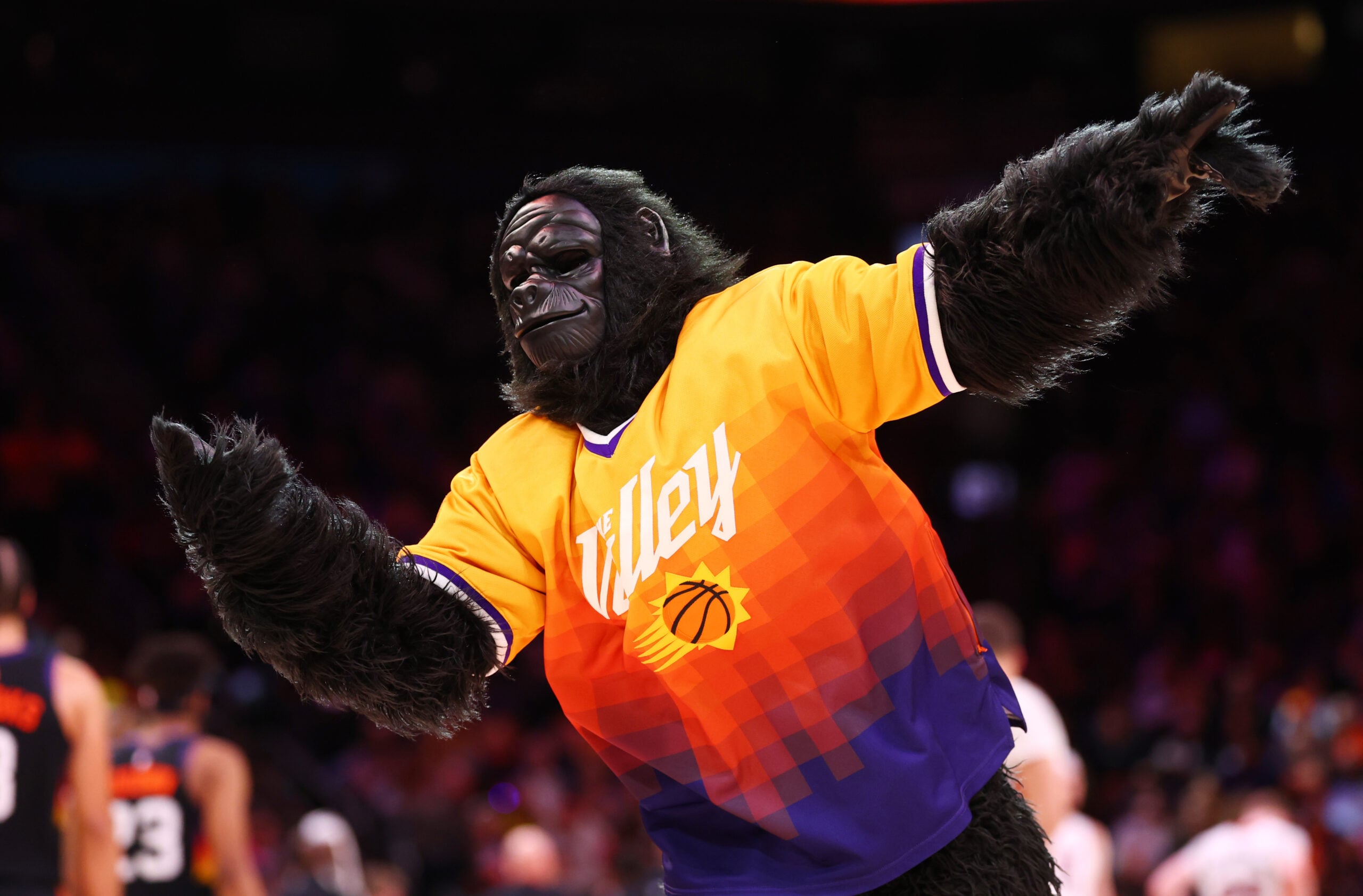 Jan 25, 2026; Phoenix, Arizona, USA; The Phoenix Suns mascot The Gorilla at Mortgage Matchup Center. Mandatory Credit: Mark J. Rebilas-Imagn Images