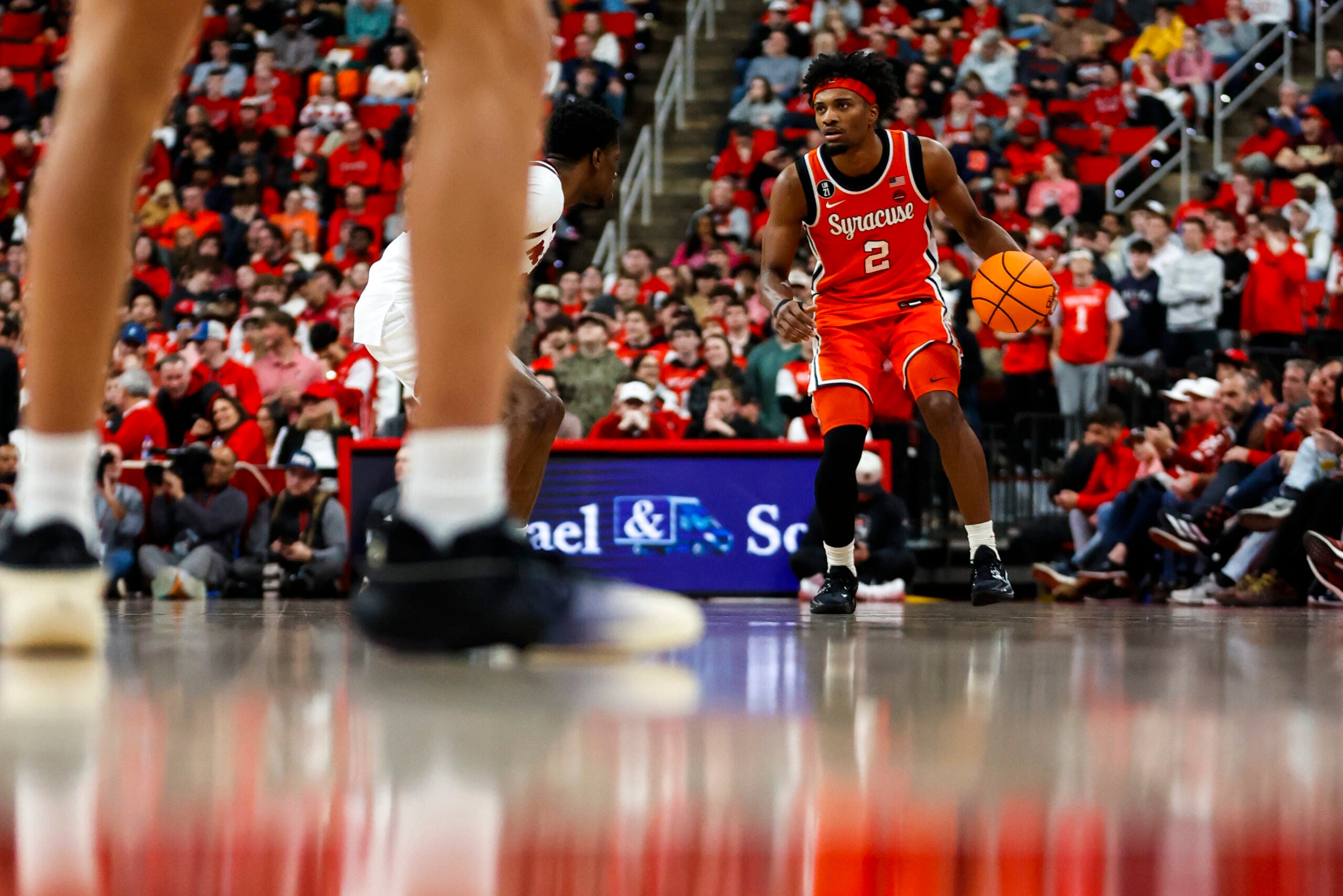 Jan 27, 2026; Raleigh, North Carolina, USA; Syracuse Orange guard JJ Starling (2) dribbles the ball down the court during the second half of the game against the NC State Wolfpack at Lenovo Center. Mandatory Credit: Jaylynn Nash-Imagn Images