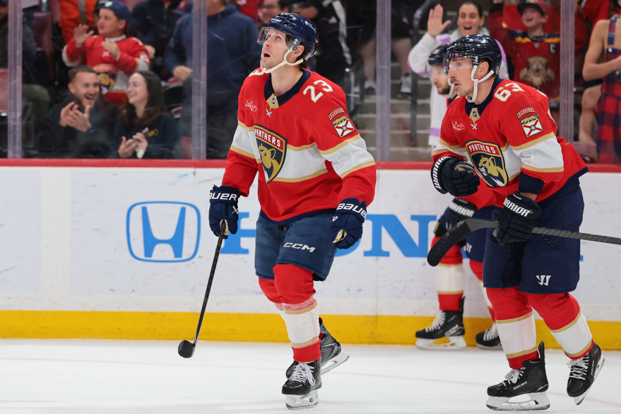 Jan 27, 2026; Sunrise, Florida, USA; Florida Panthers center Carter Verhaeghe (23) looks on after scoring against the Utah Mammoth during the third period at Amerant Bank Arena. Mandatory Credit: Sam Navarro-Imagn Images