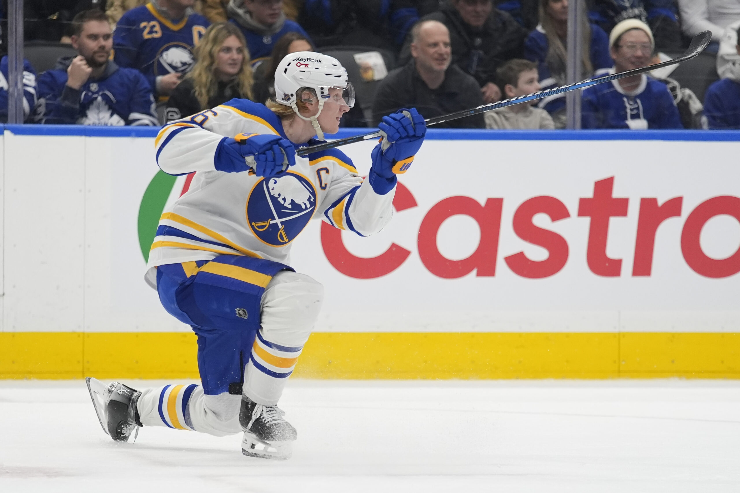 Jan 27, 2026; Toronto, Ontario, CAN; Buffalo Sabres defenseman Rasmus Dahlin (26) scores with this shot on an empty net against the Toronto Maple Leafs during the third period at Scotiabank Arena. Mandatory Credit: John E. Sokolowski-Imagn Images