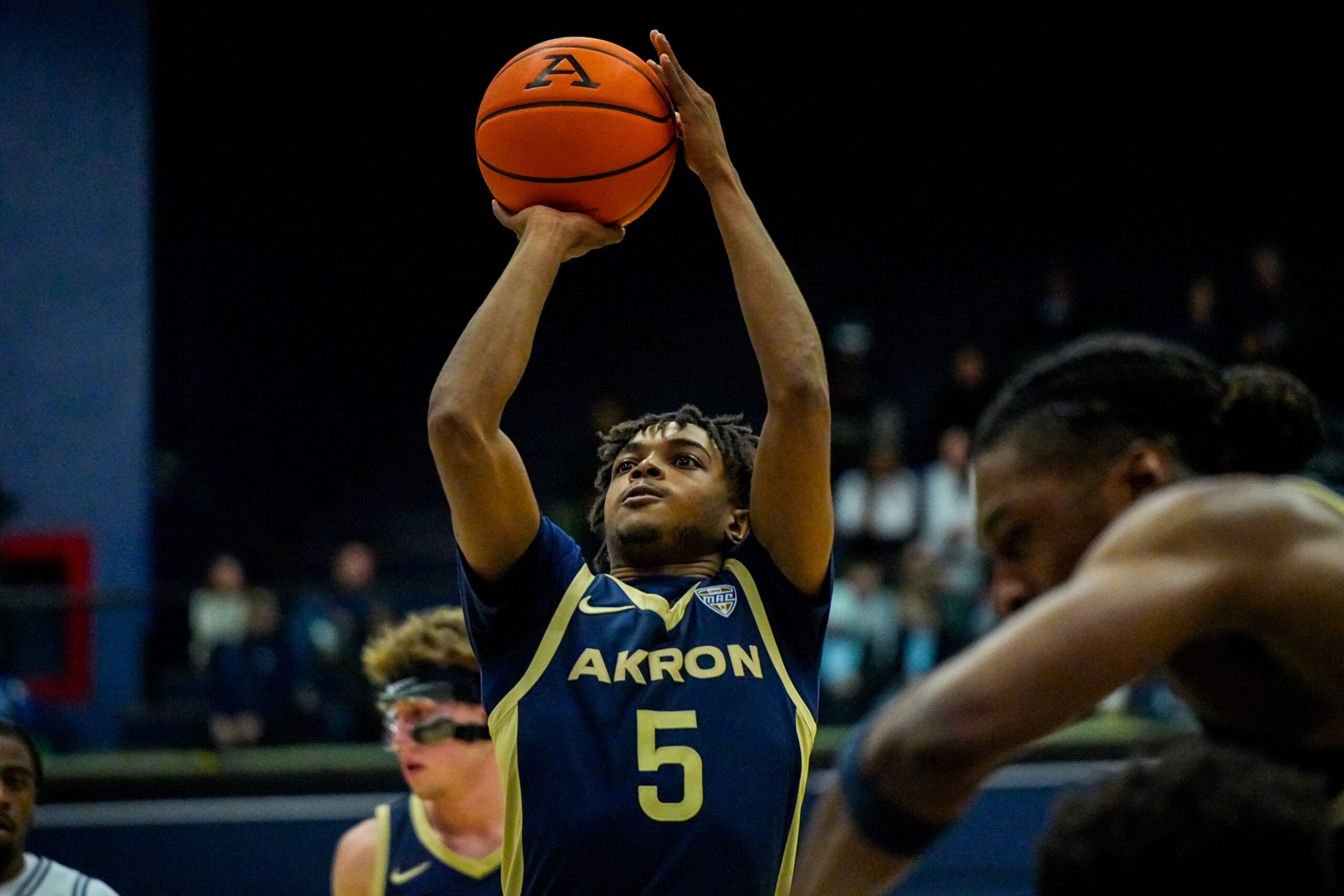 University of Akron’s Tavari Johnson (5) shoots in a game against Toledo, Jan. 27, 2026, at James A Rhodes Arena in Akron, Ohio.