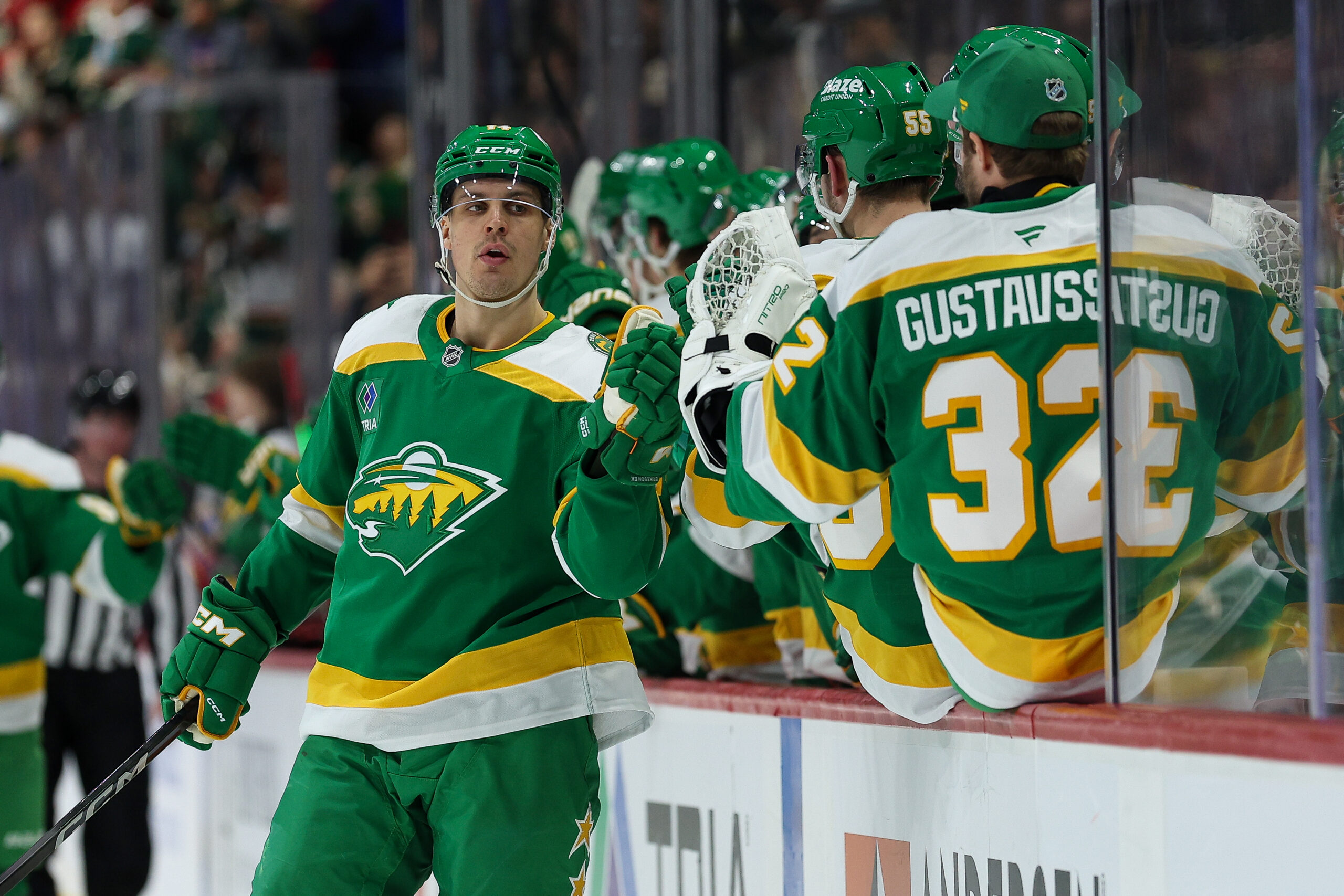 Jan 27, 2026; Saint Paul, Minnesota, USA; Minnesota Wild center Joel Eriksson Ek (14) celebrates his goal against the Chicago Blackhawks during the third period at Grand Casino Arena. Mandatory Credit: Matt Krohn-Imagn Images