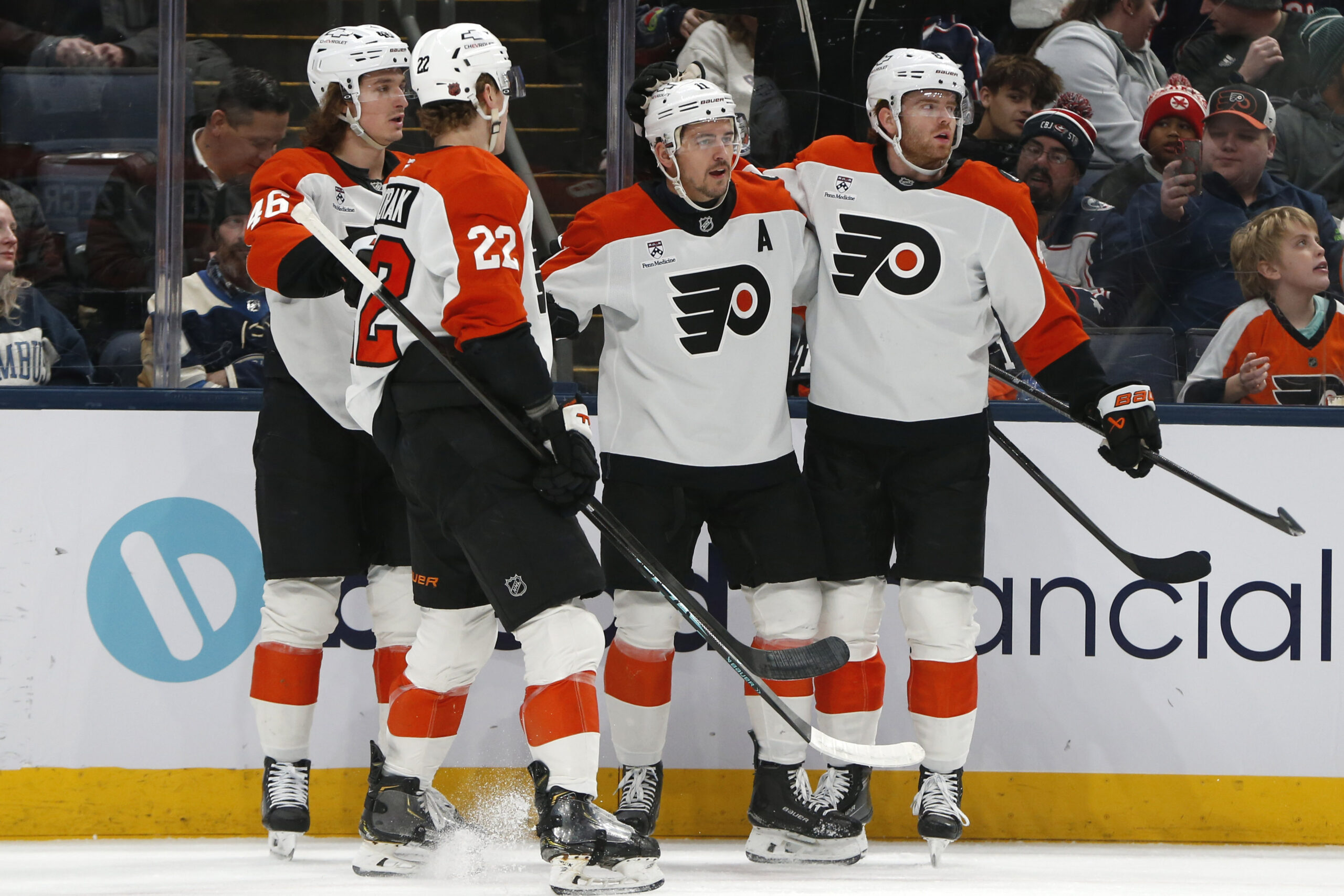 Jan 28, 2026; Columbus, Ohio, USA; Philadelphia Flyers right wing Travis Konecny (11) celebrates his goal against the Columbus Blue Jackets during the first period at Nationwide Arena. Mandatory Credit: Russell LaBounty-Imagn Images