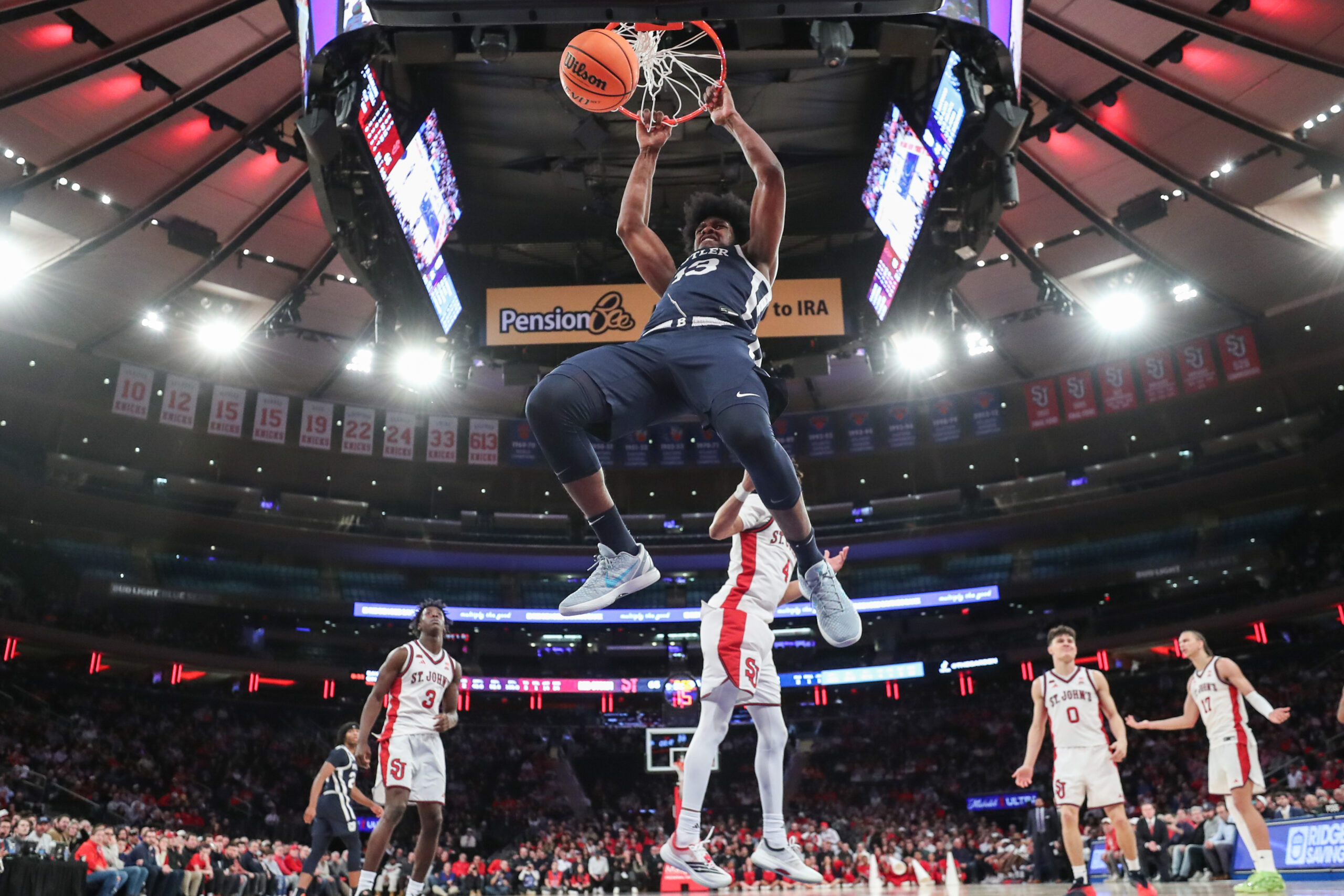 Jan 28, 2026; New York, New York, USA;  Butler Bulldogs guard Ethan McComb (3) dunks in the second half against the St. John's Red Storm at Madison Square Garden. Mandatory Credit: Wendell Cruz-Imagn Images