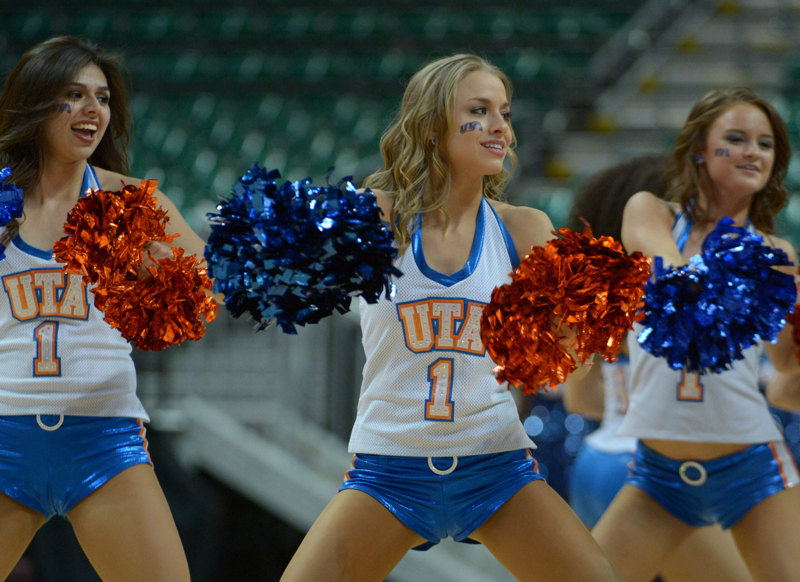 Mar 15, 2013; Las Vegas, NV, USA; UT Arlington Mavericks cheerleaders perform against the UTSA Roadrunners during the semifinals of the WAC tournament at Orleans Arena. Mandatory Credit: Kirby Lee-Imagn Images