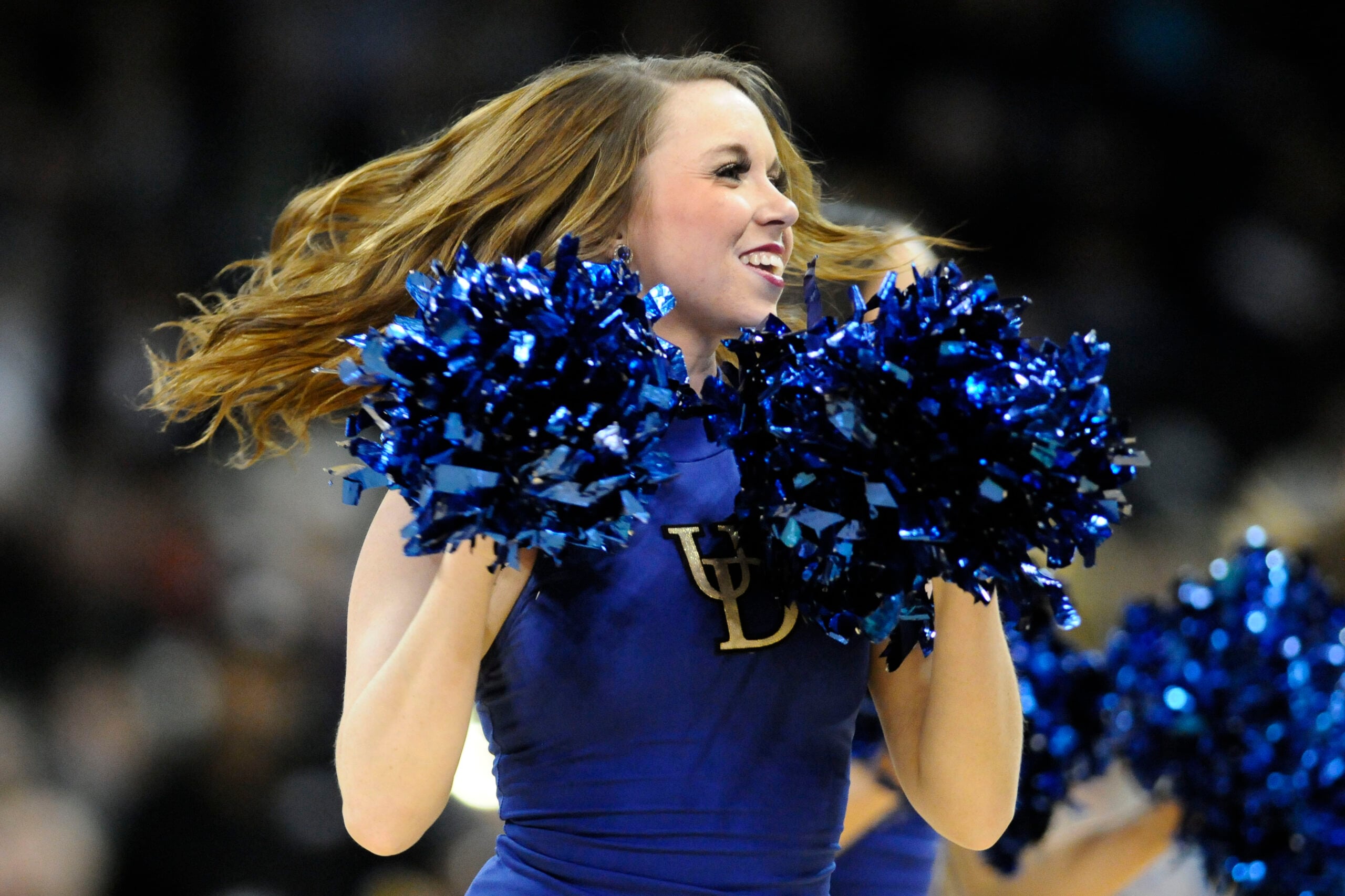 Mar 20, 2014; Spokane, WA, USA; Delaware Fightin Blue Hens cheerleader performs against the Michigan State Spartans in the first half of a men's college basketball game during the second round of the 2014 NCAA Tournament at Veterans Memorial Arena. Mandatory Credit: James Snook-Imagn Images