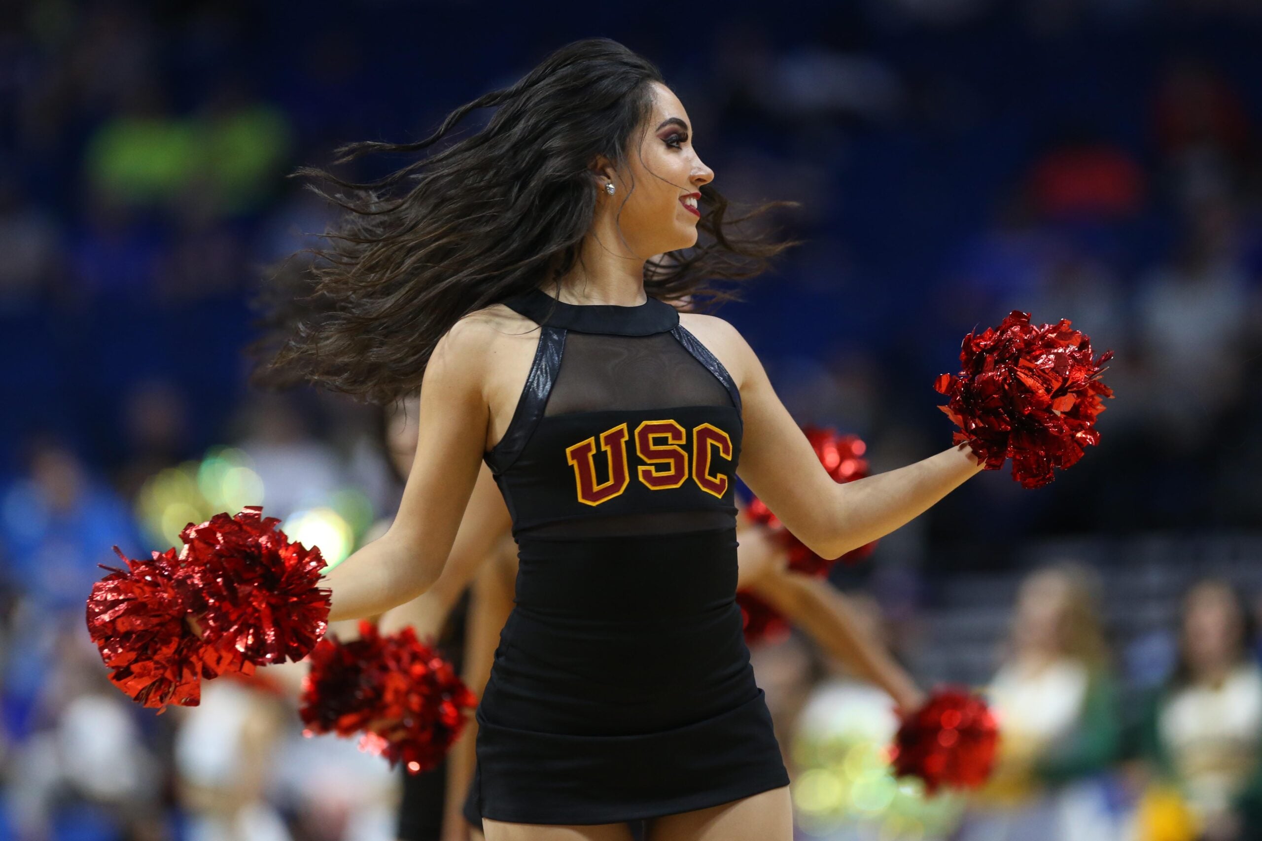 Mar 19, 2017; Tulsa, OK, USA; USC Trojans cheerleaders perform during the second half against the Baylor Bears in the second round of the 2017 NCAA Tournament at BOK Center. Mandatory Credit: Kevin Jairaj-Imagn Images
