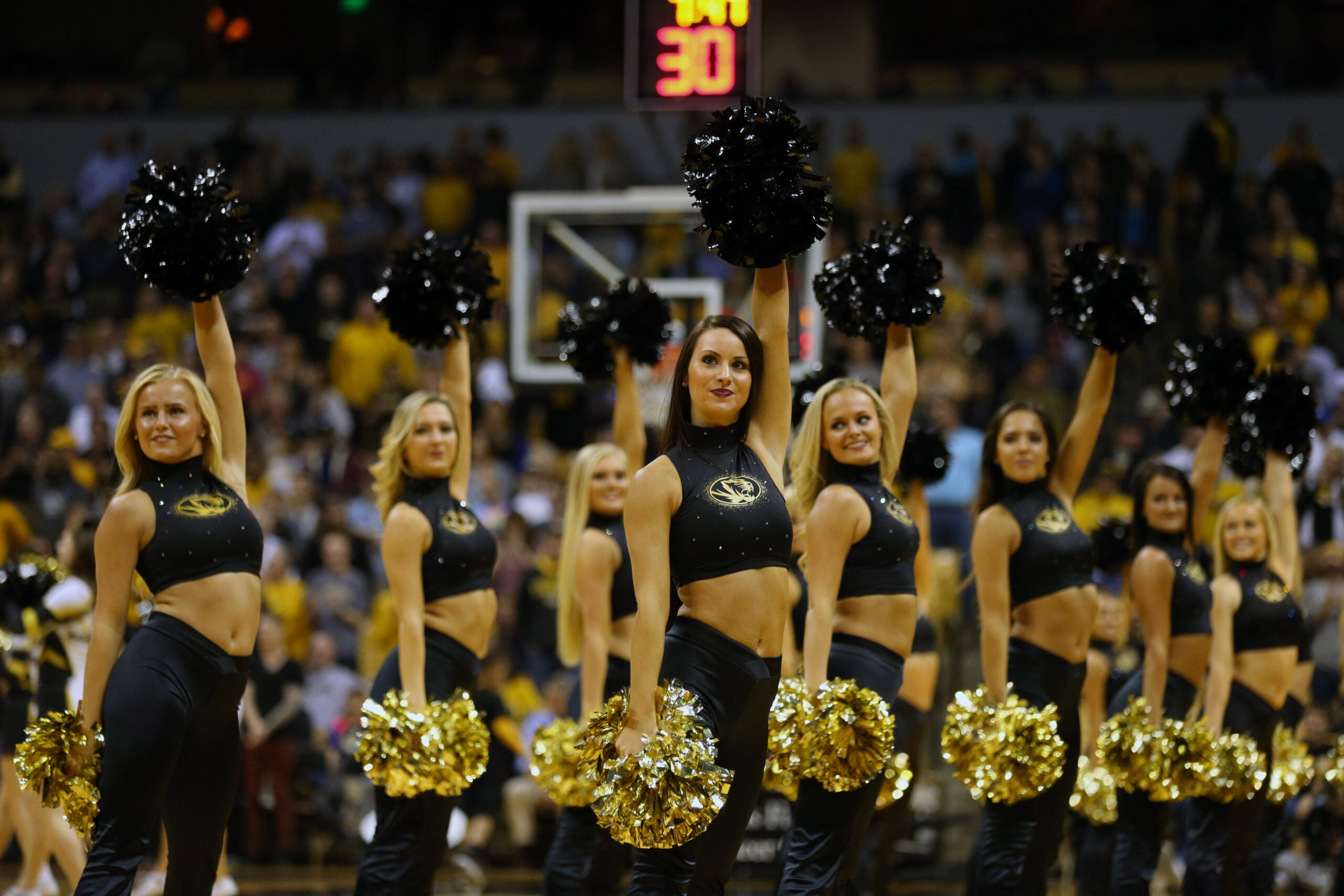 Nov 20, 2017; Columbia, MO, USA; The Missouri Tigers cheerleaders perform in the second half of the game against the Emporia State Hornets at Mizzou Arena. Mandatory Credit: Jay Biggerstaff-Imagn Images