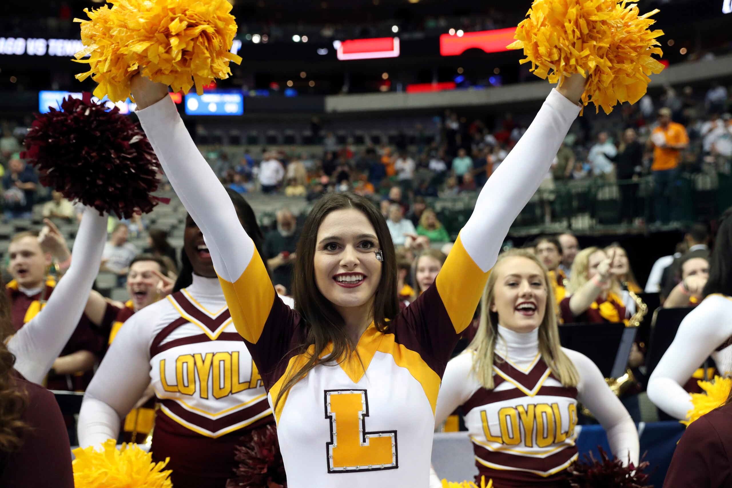 Mar 17, 2018; Dallas, TX, USA; Loyola (Il) Ramblers cheerleader before the game against the Tennessee Volunteers in the second round of the 2018 NCAA Tournament at American Airlines Center. Mandatory Credit: Matthew Emmons-Imagn Images