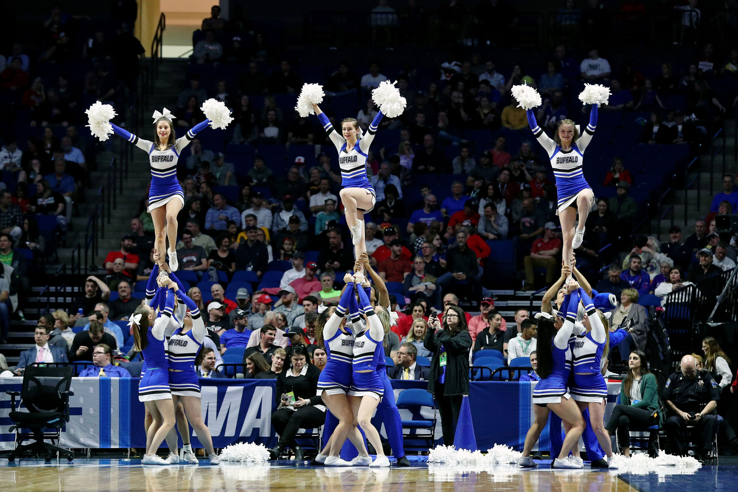 Mar 22, 2019; Tulsa, OK, USA; The Buffalo Bulls cheerleaders perform during a time out of their game against the Arizona State Sun Devils in the first round of the 2019 NCAA Tournament at BOK Center. Mandatory Credit: Brett Rojo-Imagn Images