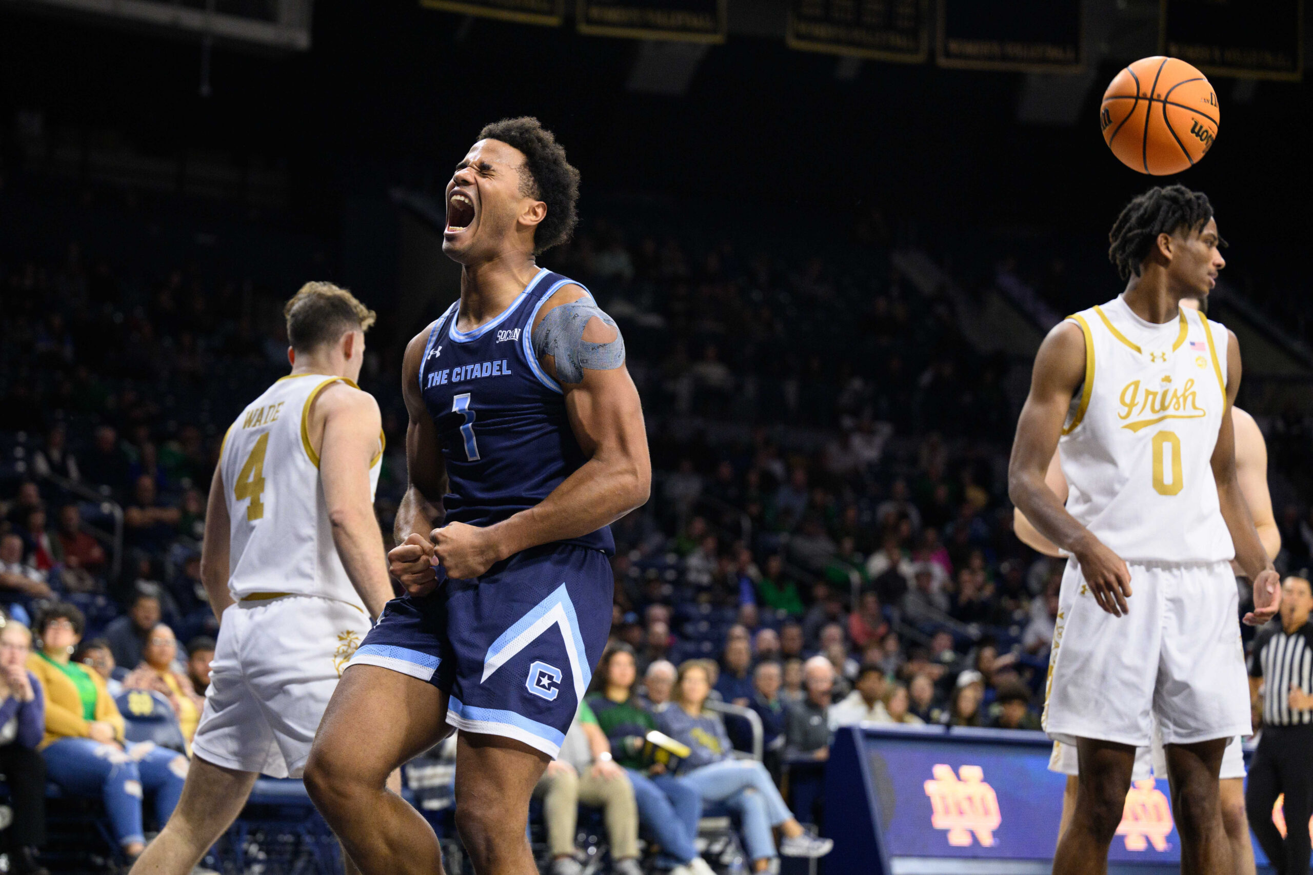 Dec 19, 2023; South Bend, Indiana, USA; Citadel Bulldogs guard AJ Smith (1) reacts in the second half against the Notre Dame Fighting Irish at the Purcell Pavilion. Mandatory Credit: Matt Cashore-Imagn Images