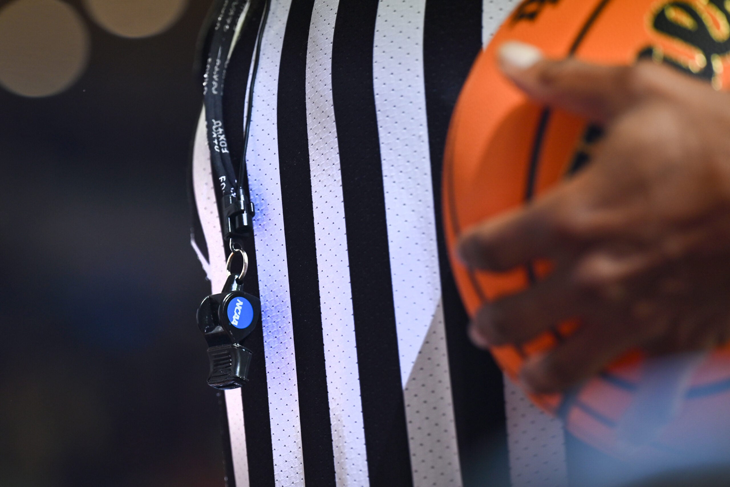 Feb 10, 2024; South Bend, Indiana, USA; A referee   s whistle shown during the second half of the game between the Notre Dame Fighting Irish and the Virginia Tech Hokies at the Purcell Pavilion. Mandatory Credit: Matt Cashore-Imagn Images
