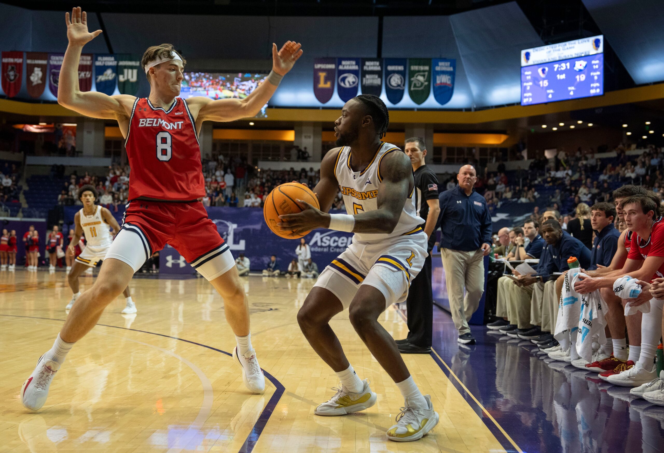Belmont’s Tyler Lundblade guards Lipscomb’s Miles White during the game at Lipscomb in Nashville, Tenn., Tuesday, Nov. 12, 2024.