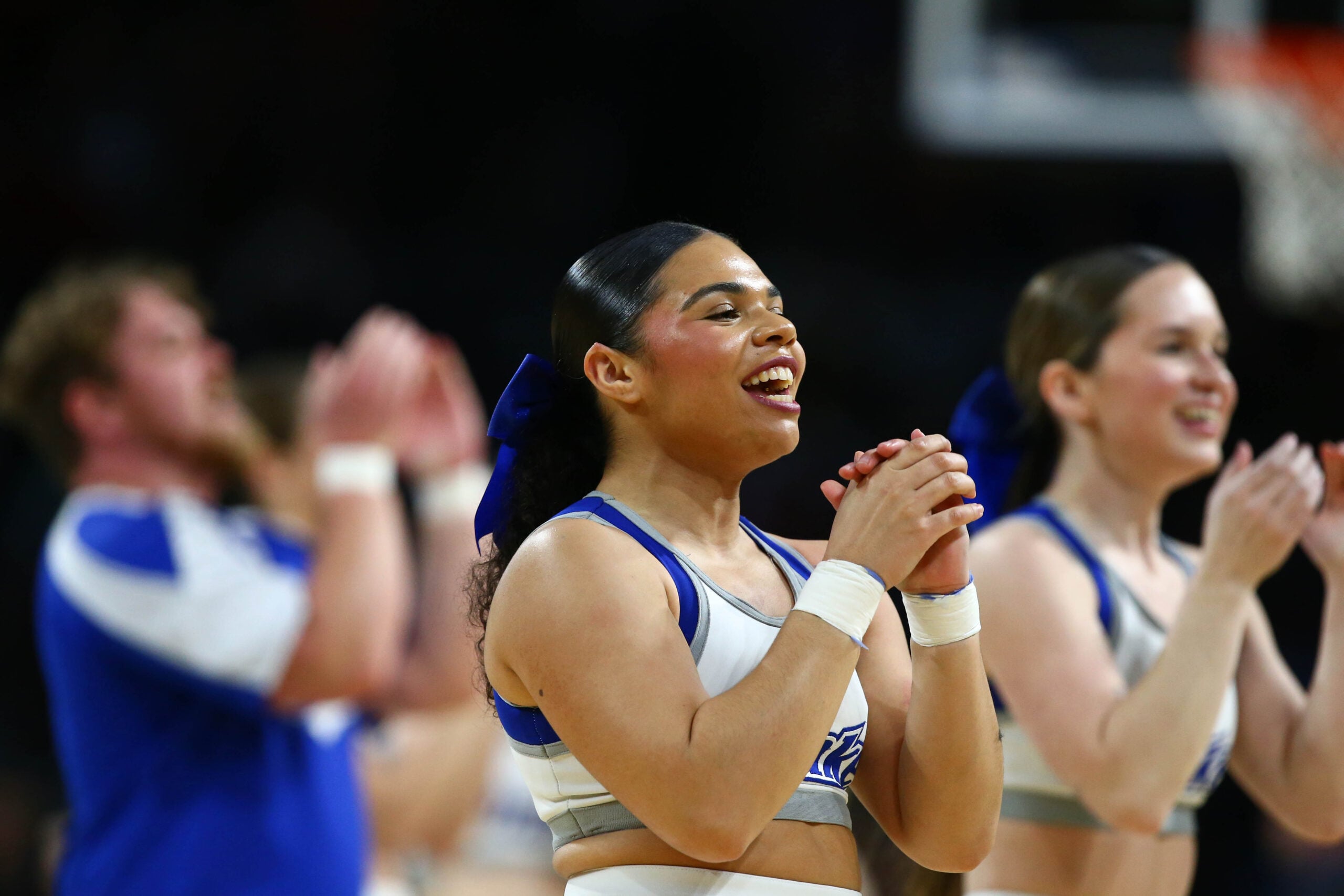 Mar 22, 2025; Wichita, KS, USA; Drake Bulldogs cheerleaders perform during the second half at Intrust Bank Arena. Mandatory Credit: Nick Tre. Smith-Imagn Images