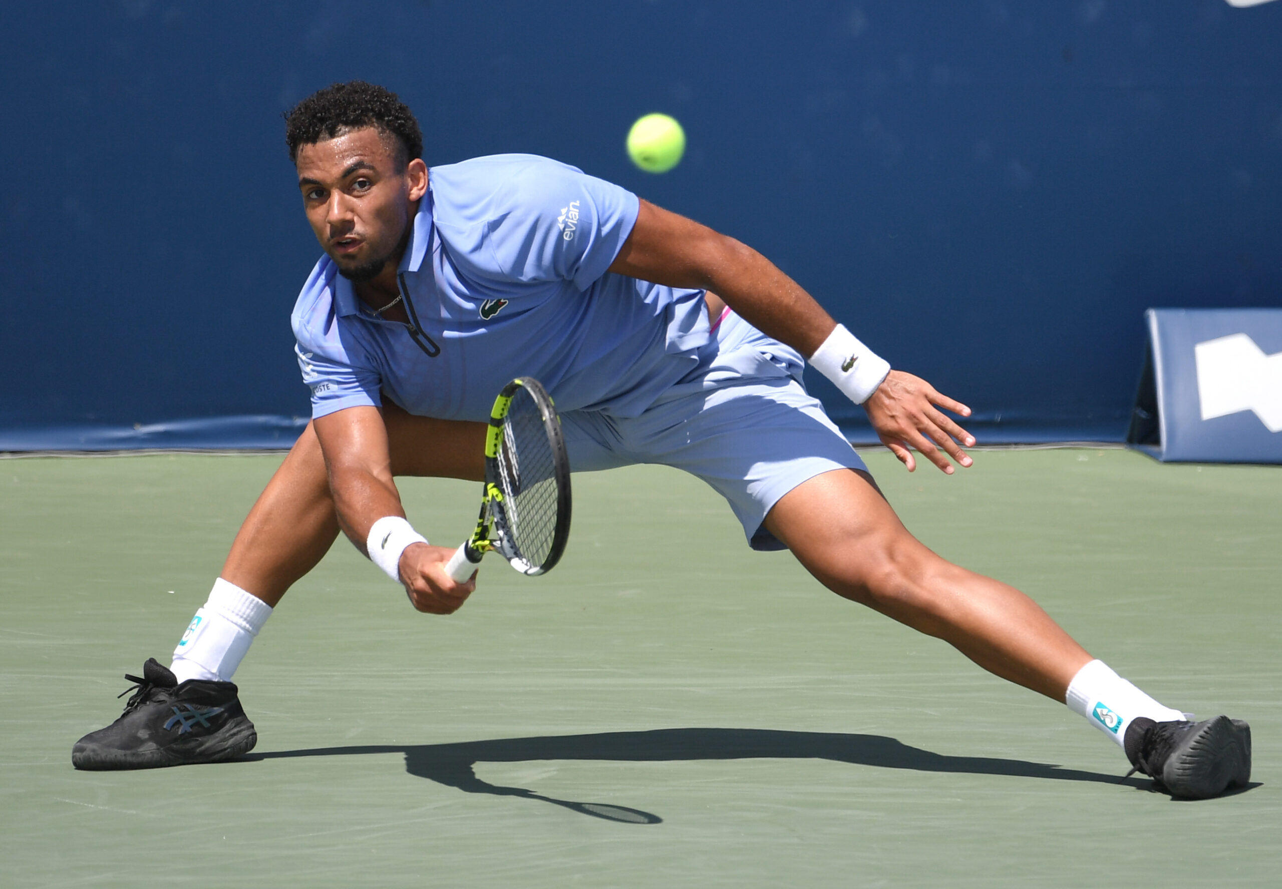 Aug 1, 2025; Toronto, ON, Canada;   Jiri Lehecka (CZE) plays a shot against Arthur Fils (FRA) during third round play at Sobeys Stadium. Mandatory Credit: Dan Hamilton-Imagn Images