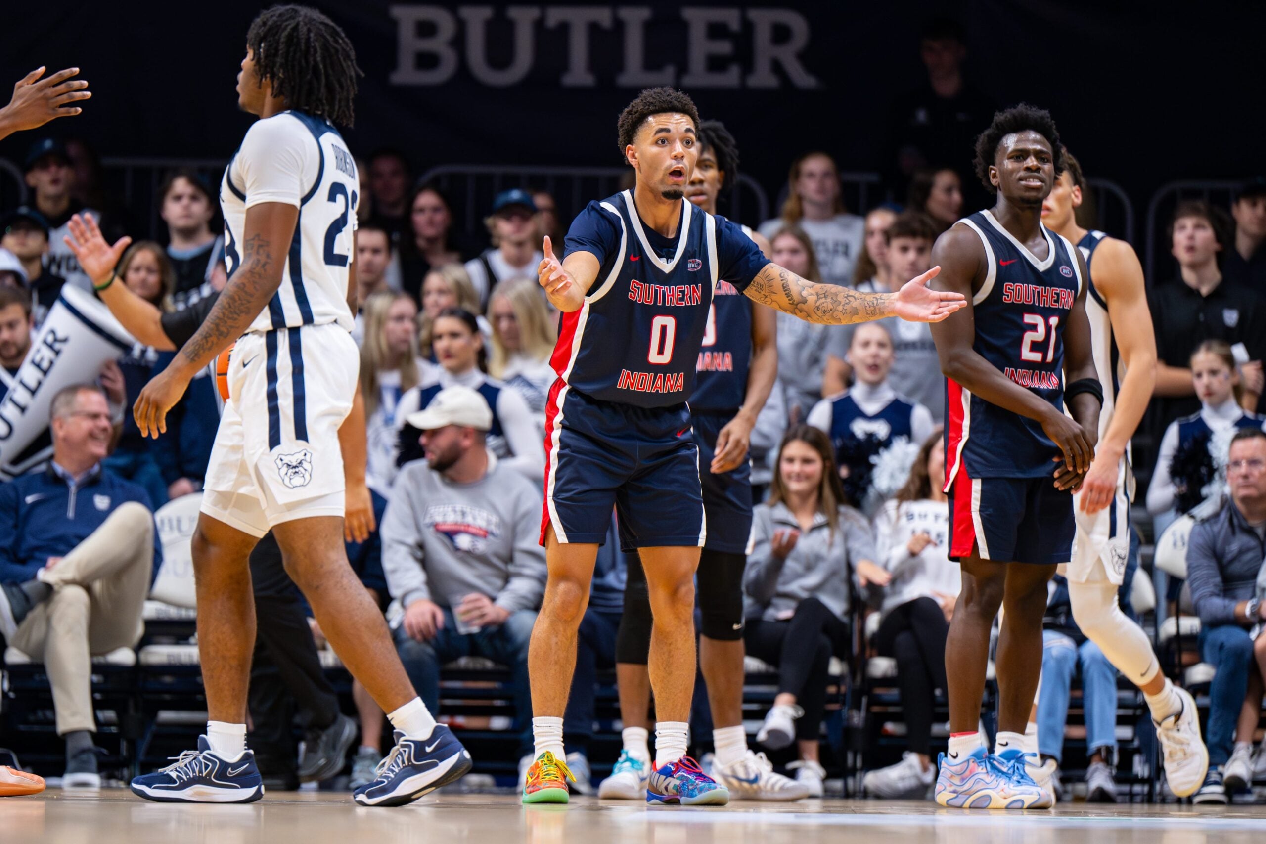 Southern Indiana Screaming Eagles guard Kaden Brown (0) reacts to a call during the second half of an NCAA basketball game against the Butler Bulldogs, Wednesday, Nov. 5, 2025, at Hinkle Fieldhouse.