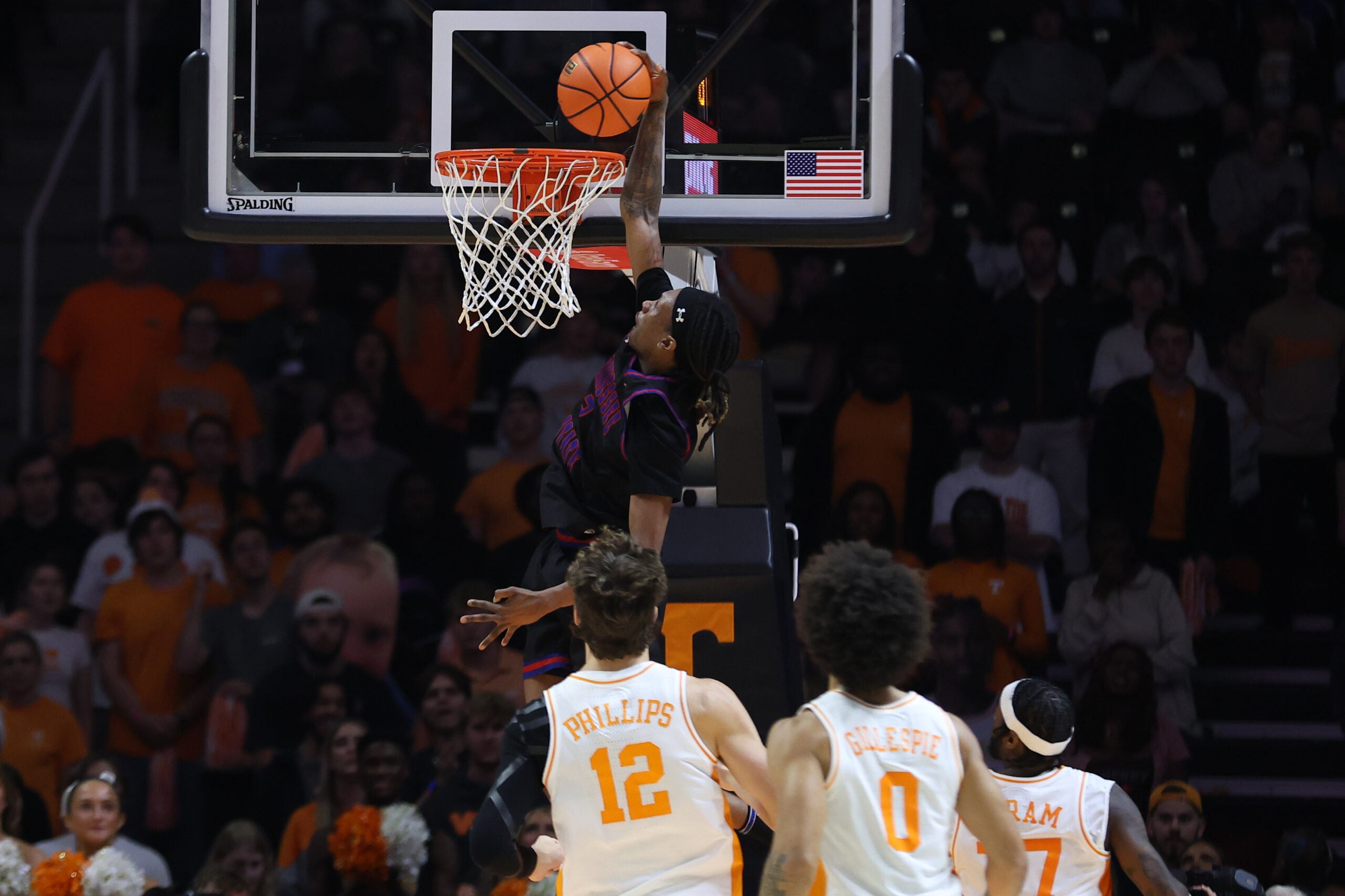 Nov 20, 2025; Knoxville, Tennessee, USA;  Tennessee State Tigers guard Travis Harper II (2) dunks the ball against the Tennessee Volunteers during the first half at Thompson-Boling Arena at Food City Center. Mandatory Credit: Randy Sartin-Imagn Images
