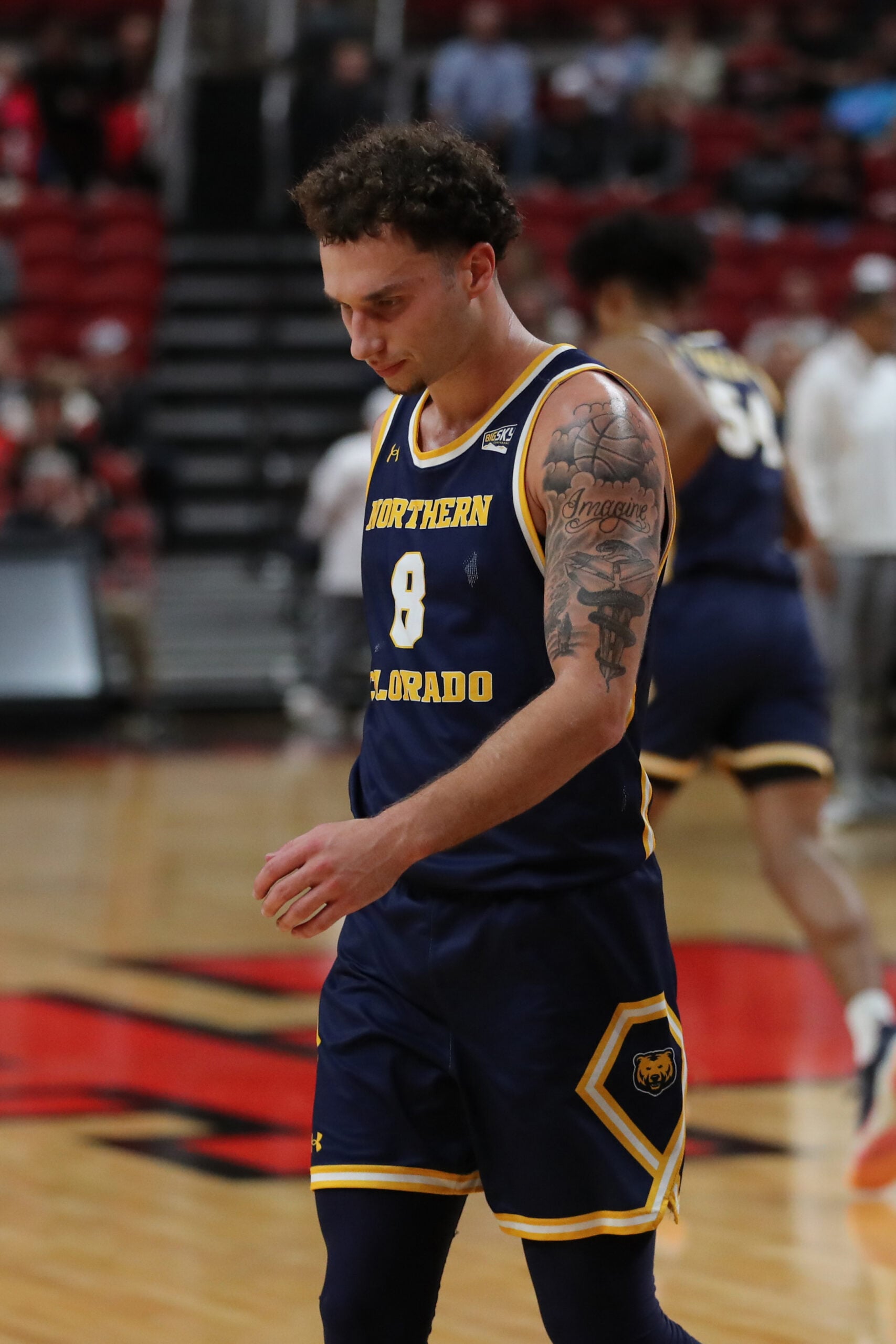 Dec 16, 2025; Lubbock, Texas, USA; Northern Colorado Bears guard Zach Bloch (8) reacts after the game against the Texas Tech Red Raiders at United Supermarkets Arena. Mandatory Credit: Michael C. Johnson-Imagn Images