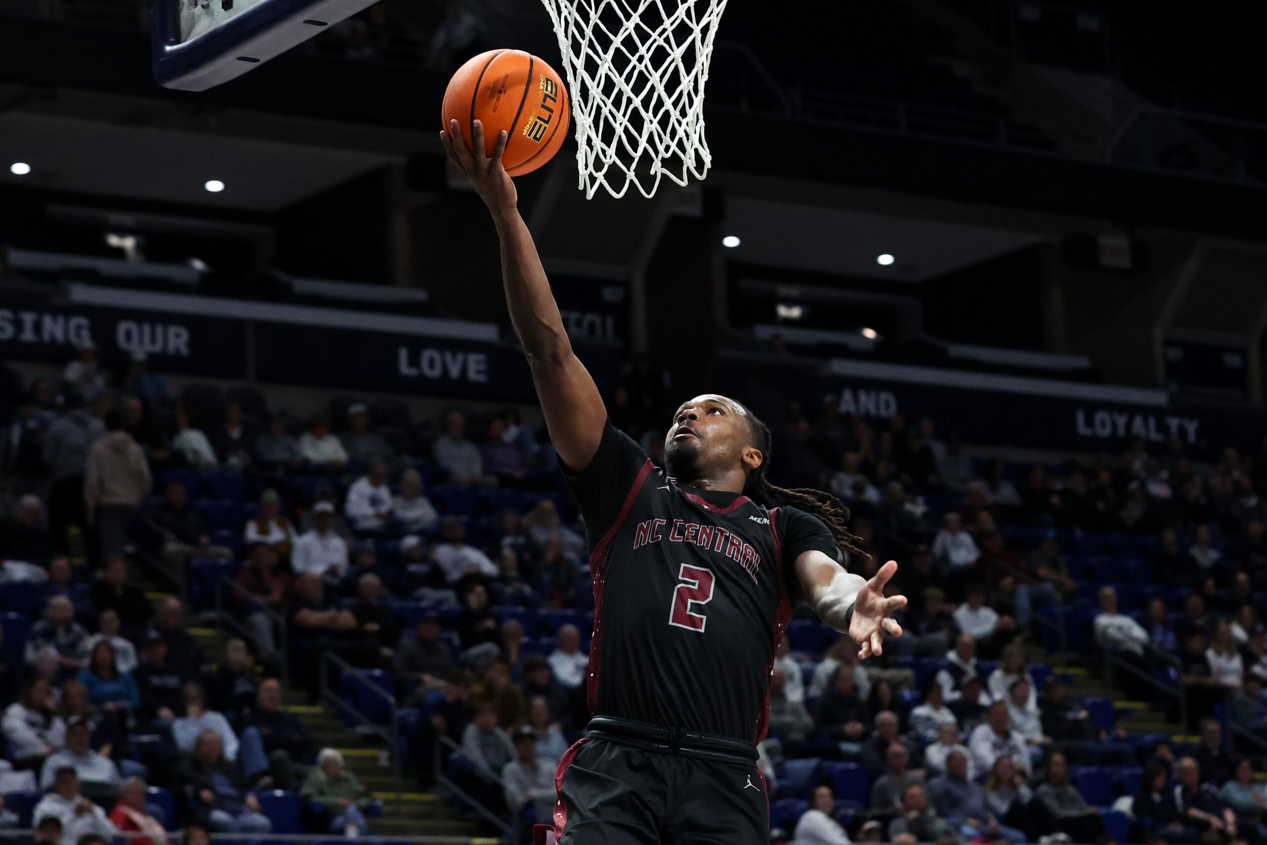 Dec 29, 2025; University Park, Pennsylvania, USA; North Carolina Central Eagles guard Dionte Johnson (2) drives the ball to the basket on a break away during the second half against the Penn State Nittany Lions at Bryce Jordan Center. Mandatory Credit: Matthew O'Haren-Imagn Images