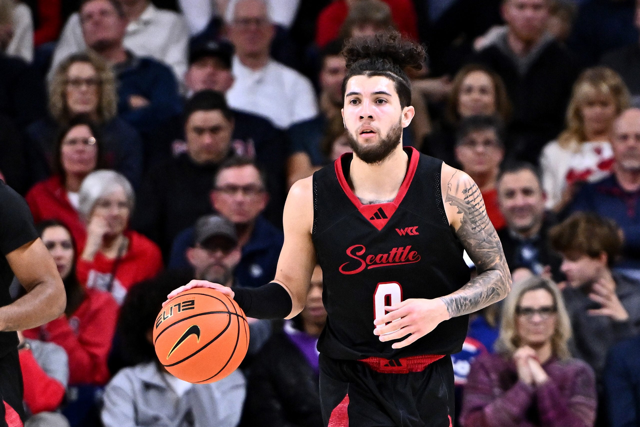 Jan 2, 2026; Spokane, Washington, USA; Seattle U Redhawks guard Brayden Maldonado (0) controls the ball against the Gonzaga Bulldogs in the second half at McCarthey Athletic Center. Mandatory Credit: James Snook-Imagn Images