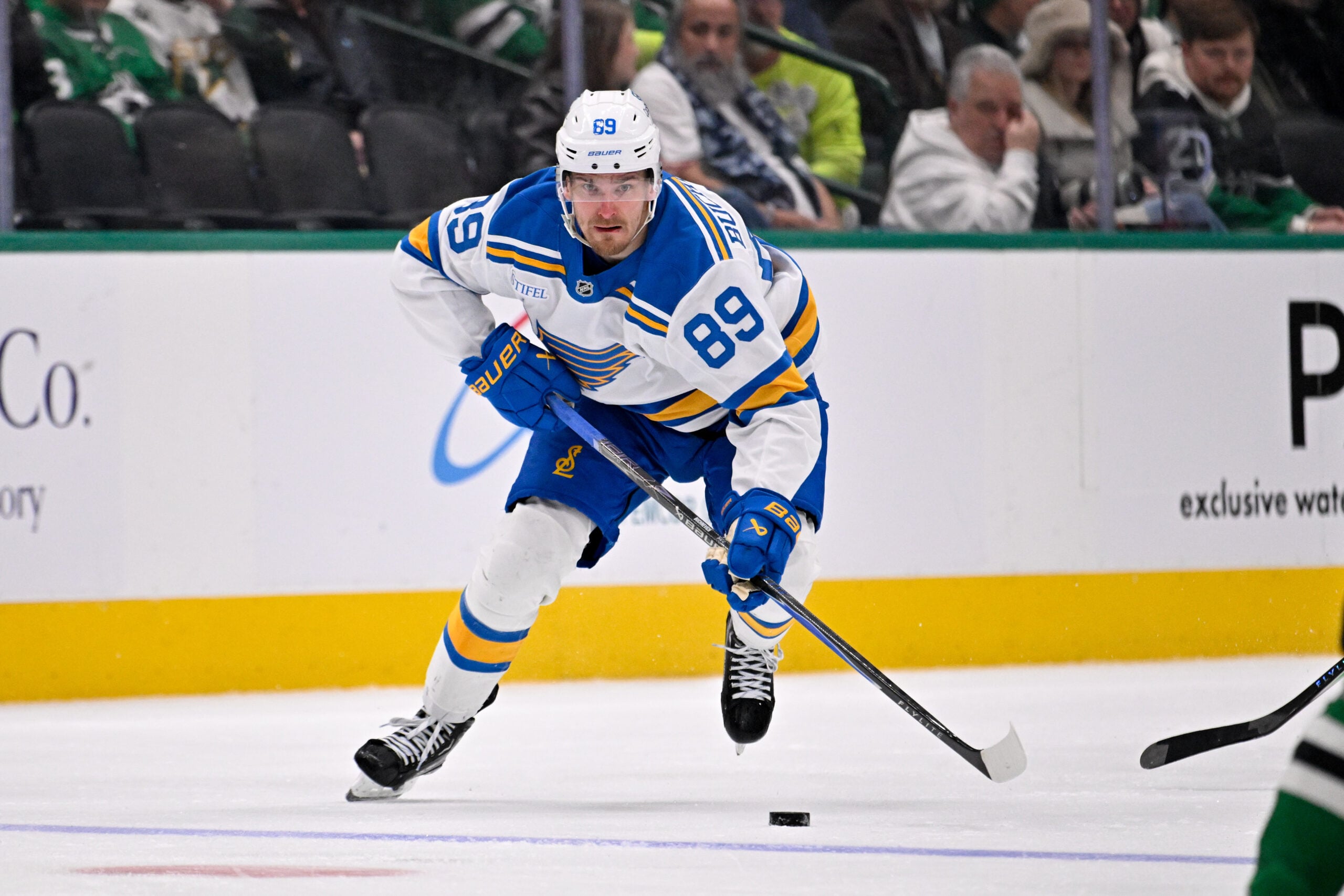 Jan 23, 2026; Dallas, Texas, USA; St. Louis Blues left wing Pavel Buchnevich (89) skates against the Dallas Stars during the third period at the American Airlines Center. Mandatory Credit: Jerome Miron-Imagn Images