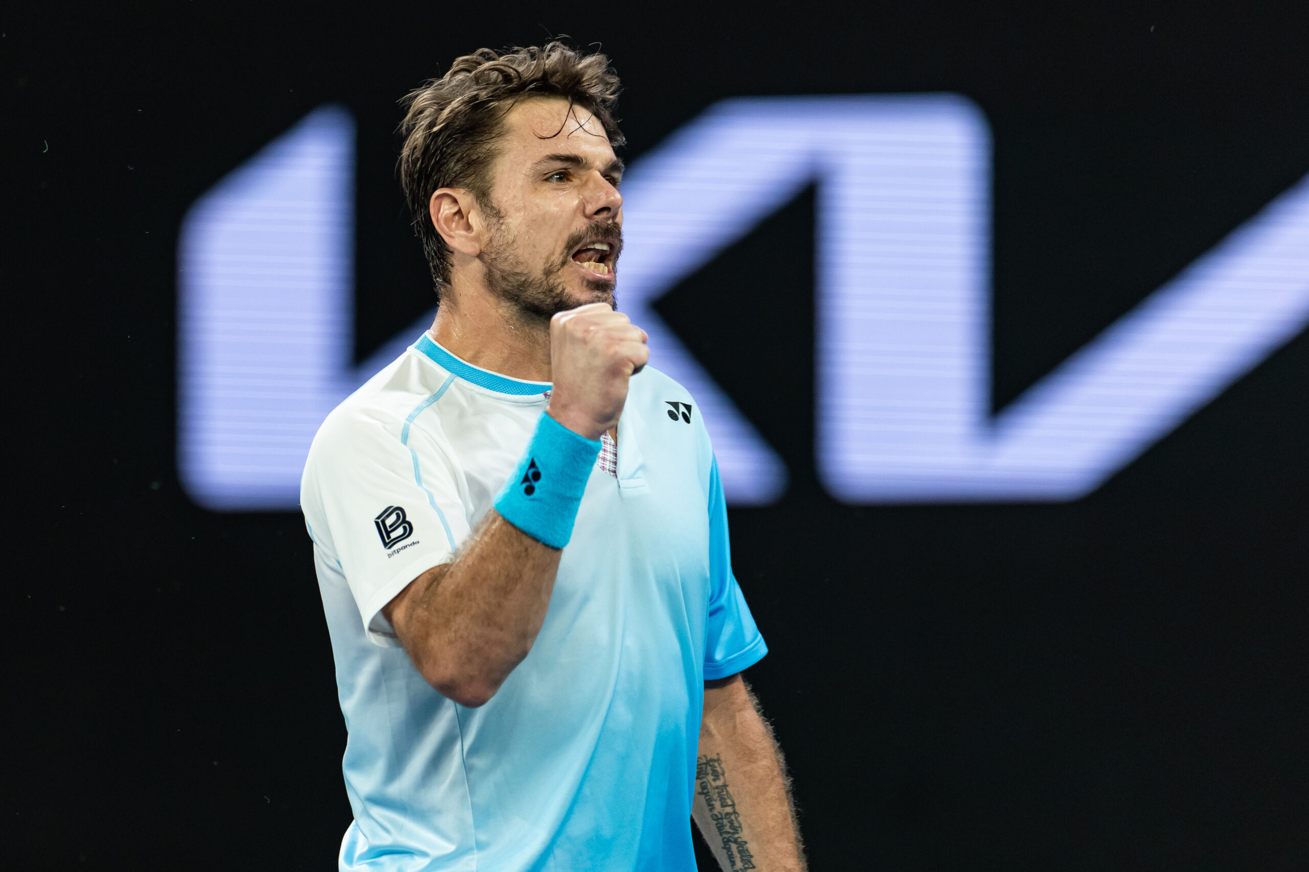 Jan 24, 2026; Melbourne, Victoria, Australia; Stan Wawrinka of Switzerland in action against Taylor Fritz of United States in the third round of the menís singles at the Australian Open at John Cain Arena in Melbourne Park. Mandatory Credit: Mike Frey-Imagn Images