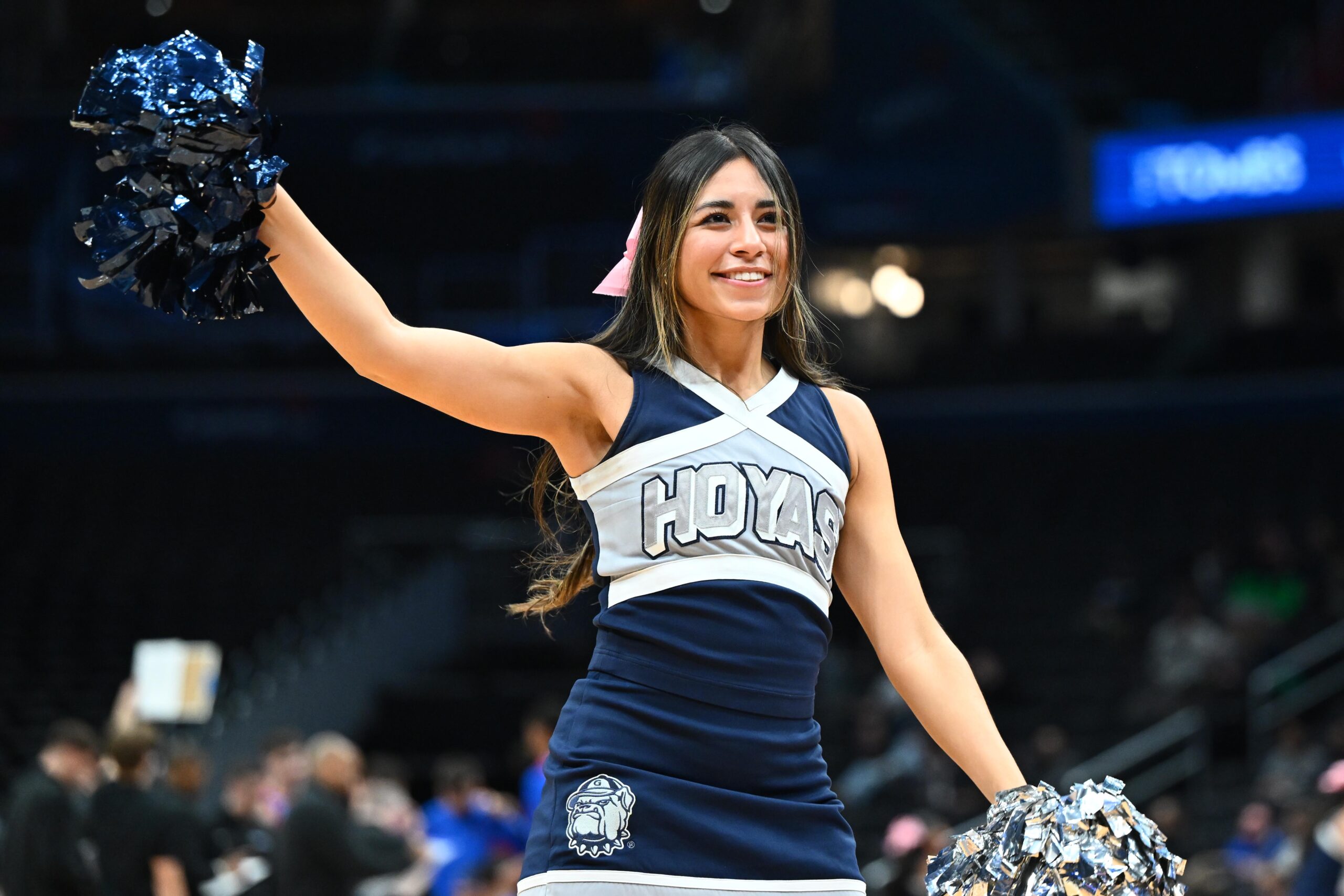 Jan 28, 2026; Washington, District of Columbia, USA; Georgetown Hoyas cheerleader during the first half against the DePaul Blue Demons at Capital One Arena. Mandatory Credit: Brad Mills-Imagn Images