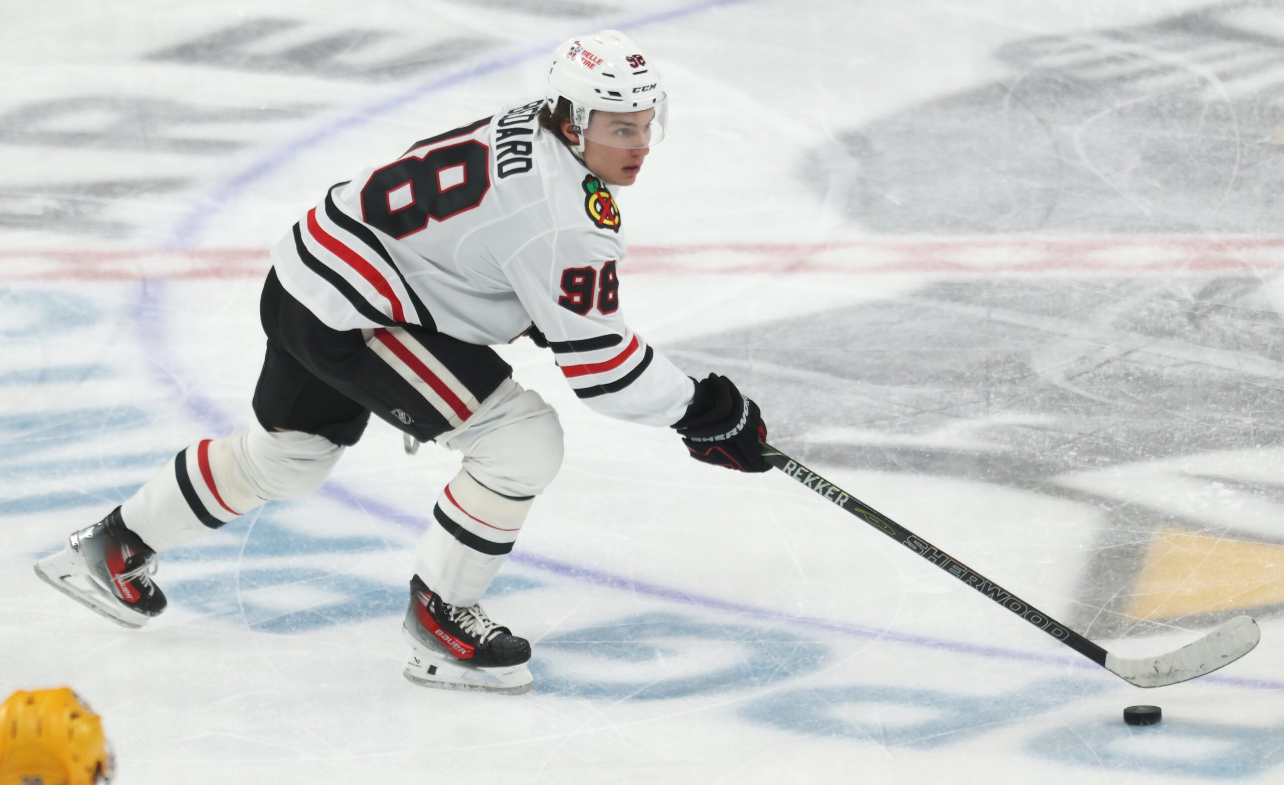 Jan 29, 2026; Pittsburgh, Pennsylvania, USA;  Chicago Blackhawks center Connor Bedard (98) skates with the puck against the Pittsburgh Penguins during the third period at PPG Paints Arena. Mandatory Credit: Charles LeClaire-Imagn Images
