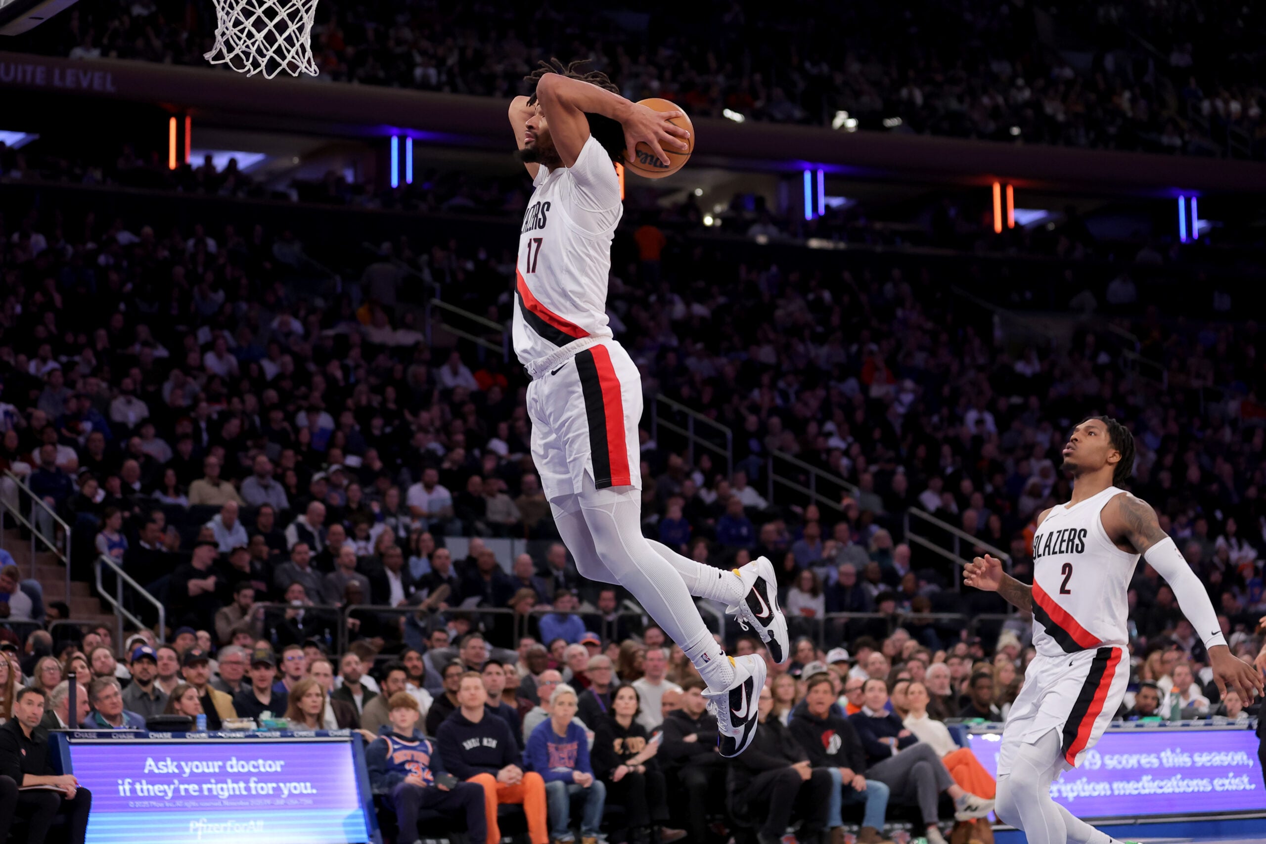Jan 30, 2026; New York, New York, USA; Portland Trail Blazers guard Shaedon Sharpe (17) dunks against the New York Knicks during the fourth quarter at Madison Square Garden. Mandatory Credit: Brad Penner-Imagn Images
