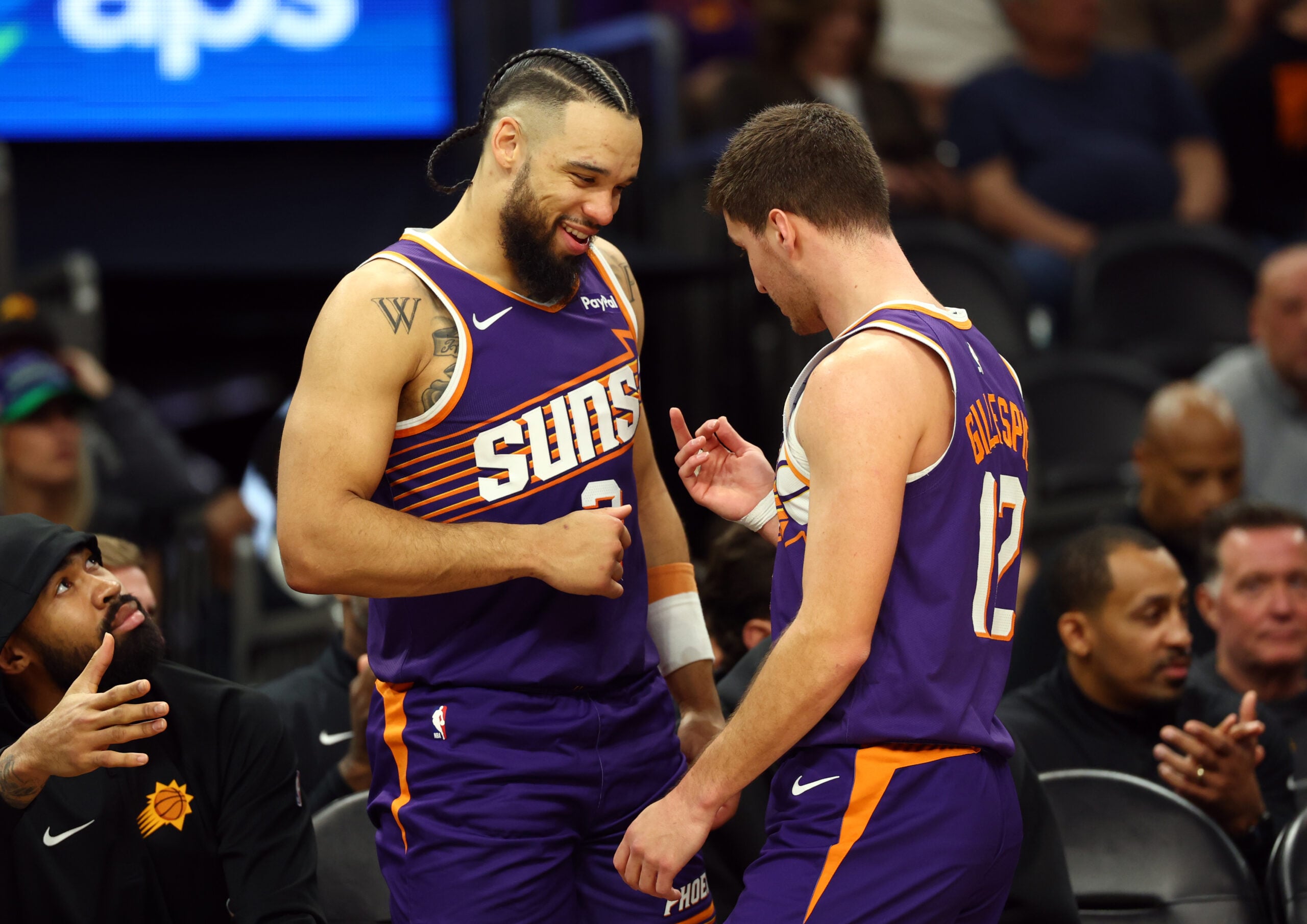 Jan 30, 2026; Phoenix, Arizona, USA; Phoenix Suns forward Dillon Brooks (3) celebrates with guard Collin Gillespie (12) against the Cleveland Cavaliers in the second half at Mortgage Matchup Center. Mandatory Credit: Mark J. Rebilas-Imagn Images