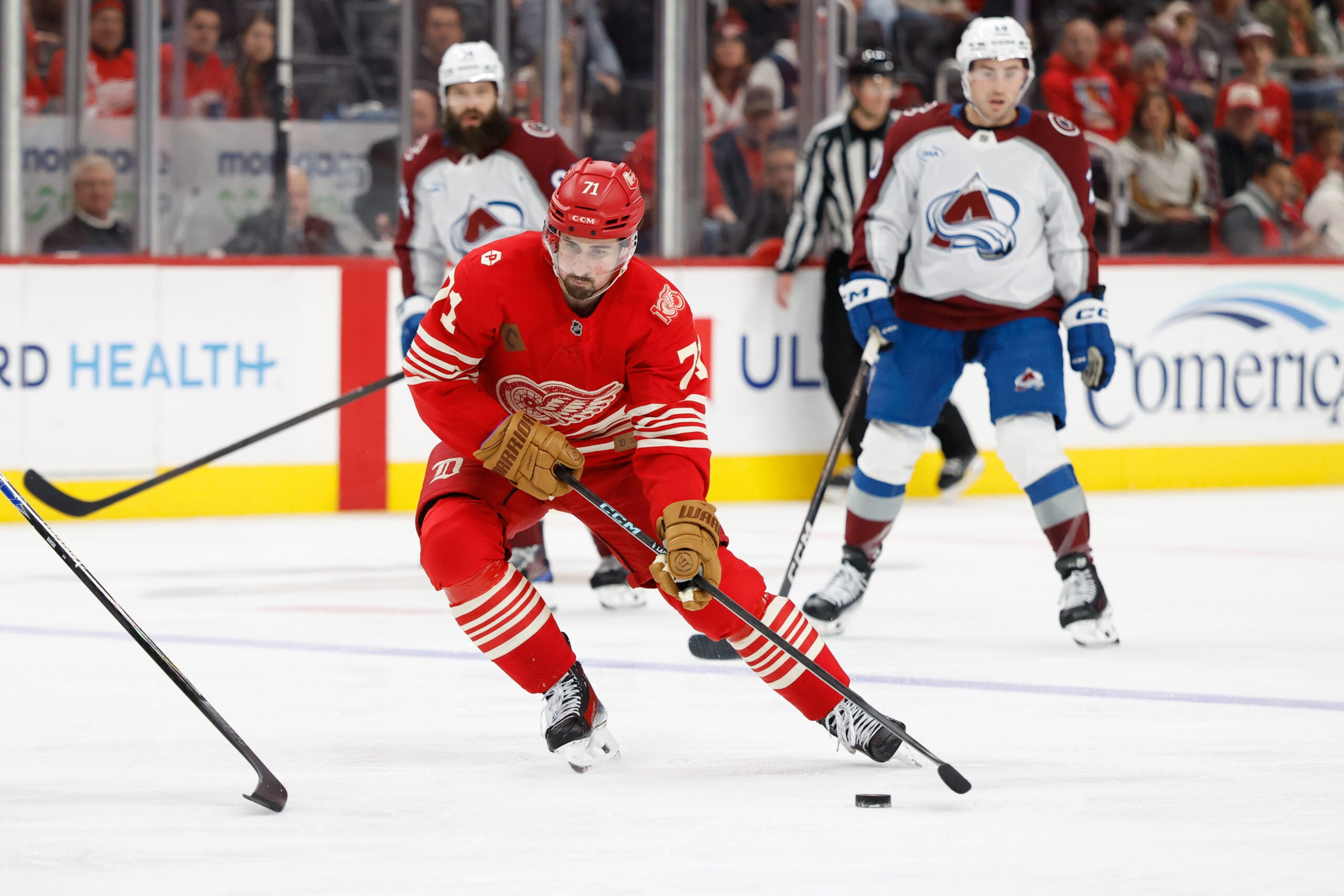 Jan 31, 2026; Detroit, Michigan, USA;  Detroit Red Wings center Dylan Larkin (71) skates with the puck in the second period against the Colorado Avalanche at Little Caesars Arena. Mandatory Credit: Rick Osentoski-Imagn Images