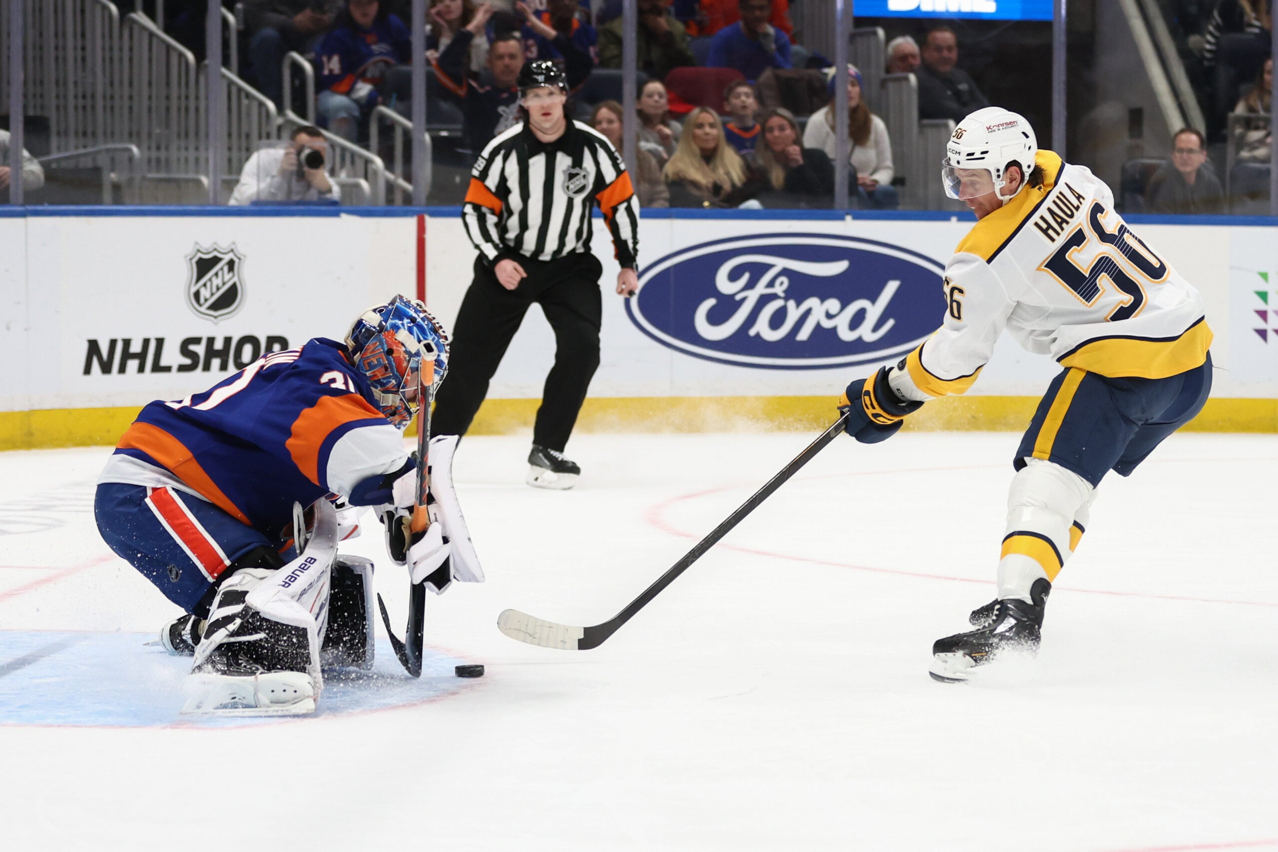Jan 31, 2026; Elmont, New York, USA;  New York Islanders goaltender Ilya Sorokin (30) makes a save on a shot on goal attempt from Nashville Predators left wing Erik Haula (56) in the first period at UBS Arena. Mandatory Credit: Wendell Cruz-Imagn Images