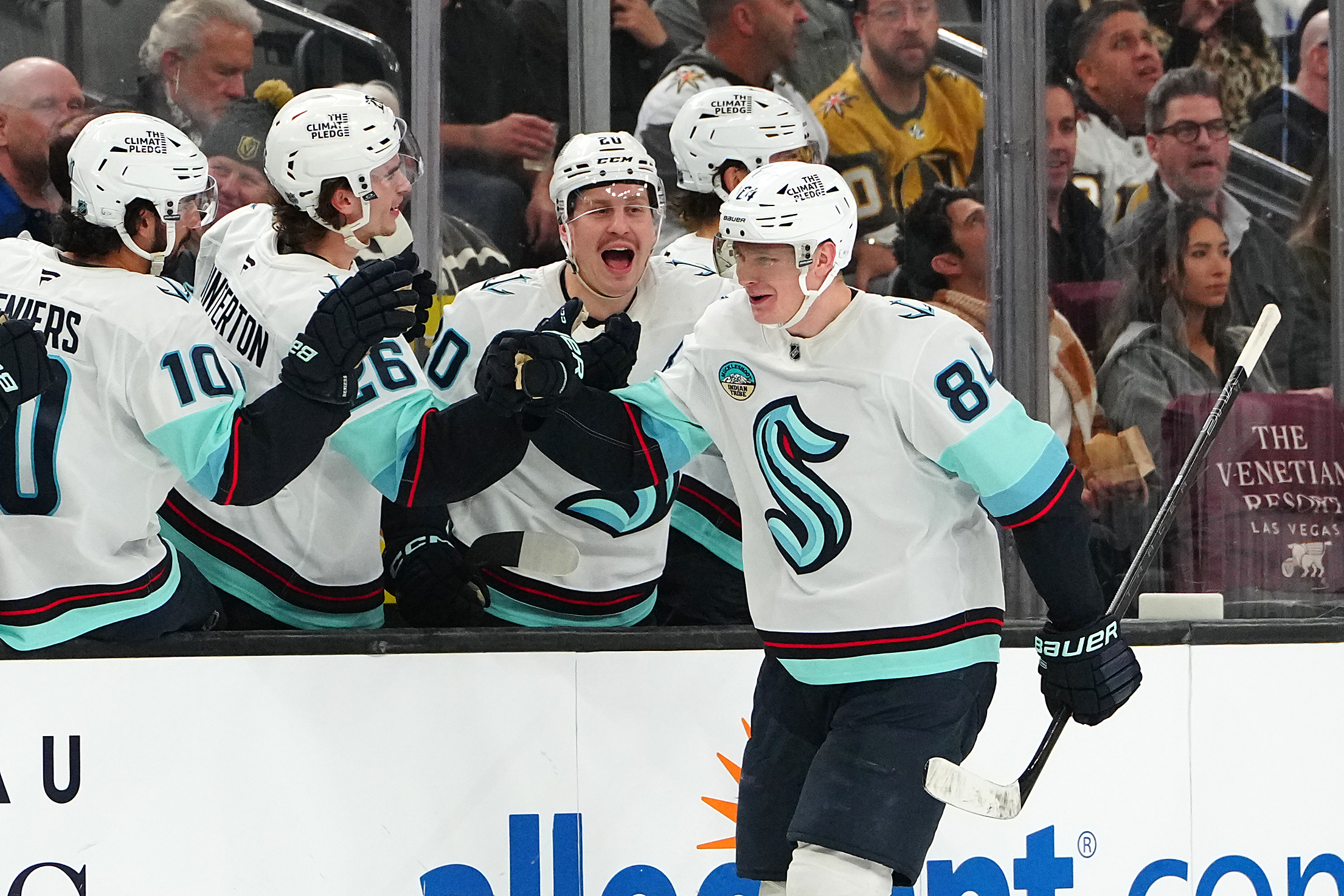 Jan 31, 2026; Las Vegas, Nevada, USA; Seattle Kraken right wing Kaapo Kakko (84) celebrates after scoring a goal against the Vegas Golden Knights during the third period at T-Mobile Arena. Mandatory Credit: Stephen R. Sylvanie-Imagn Images