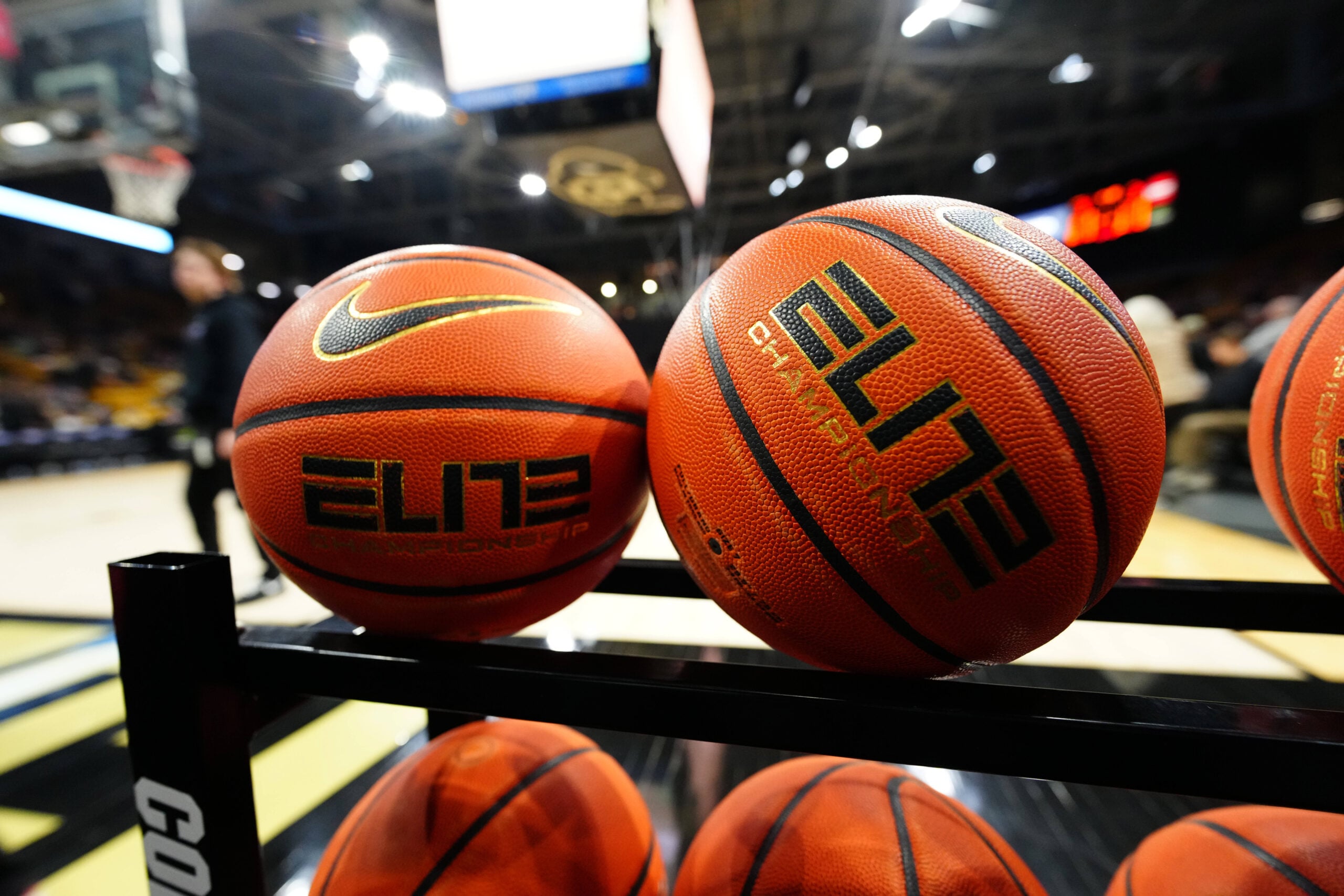 Feb 1, 2026; Boulder, Colorado, USA; General view of the warm up basketball’s before the game between the against the Texas Christian University Horned Frogs against the Colorado Buffaloes at the CU Events Center. Mandatory Credit: Ron Chenoy-Imagn Images